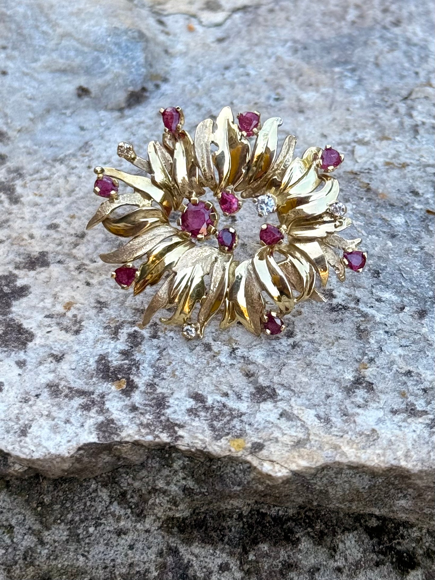 .1960s .1970s .375 gold modernist Diamond and Ruby gemstone heirloom Edelweiss flower spray brooch pin