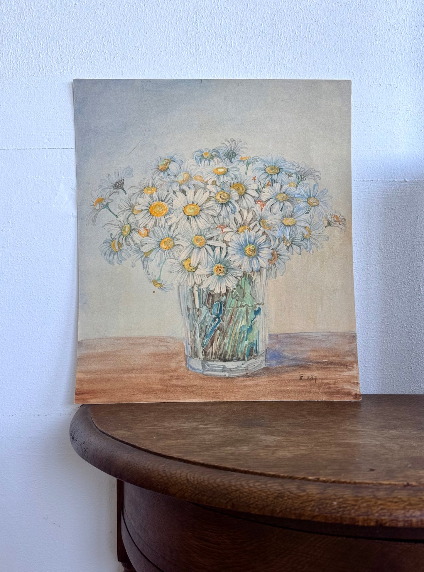 .1937 artist signed watercolour still life Daisies artwork art