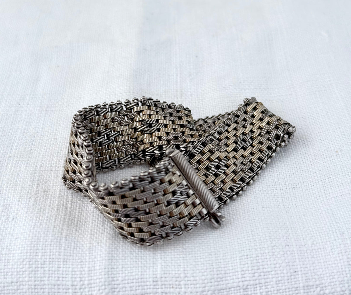 .1890s .1900s .925 antique Victorian fancy form gold fill and silver track mesh bracelet