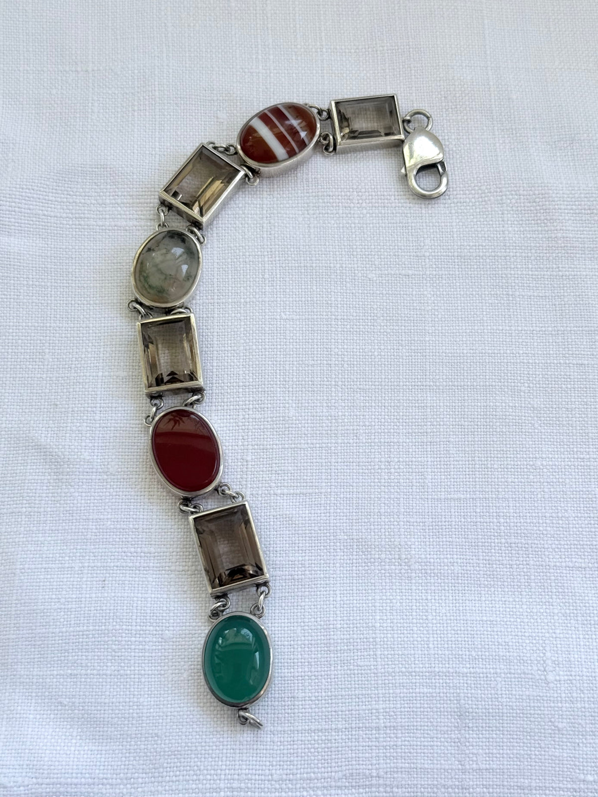 .1990s .2000s .8 stone .925 silver chunky statement artisan made Modernist gemstone links segment bracelet
