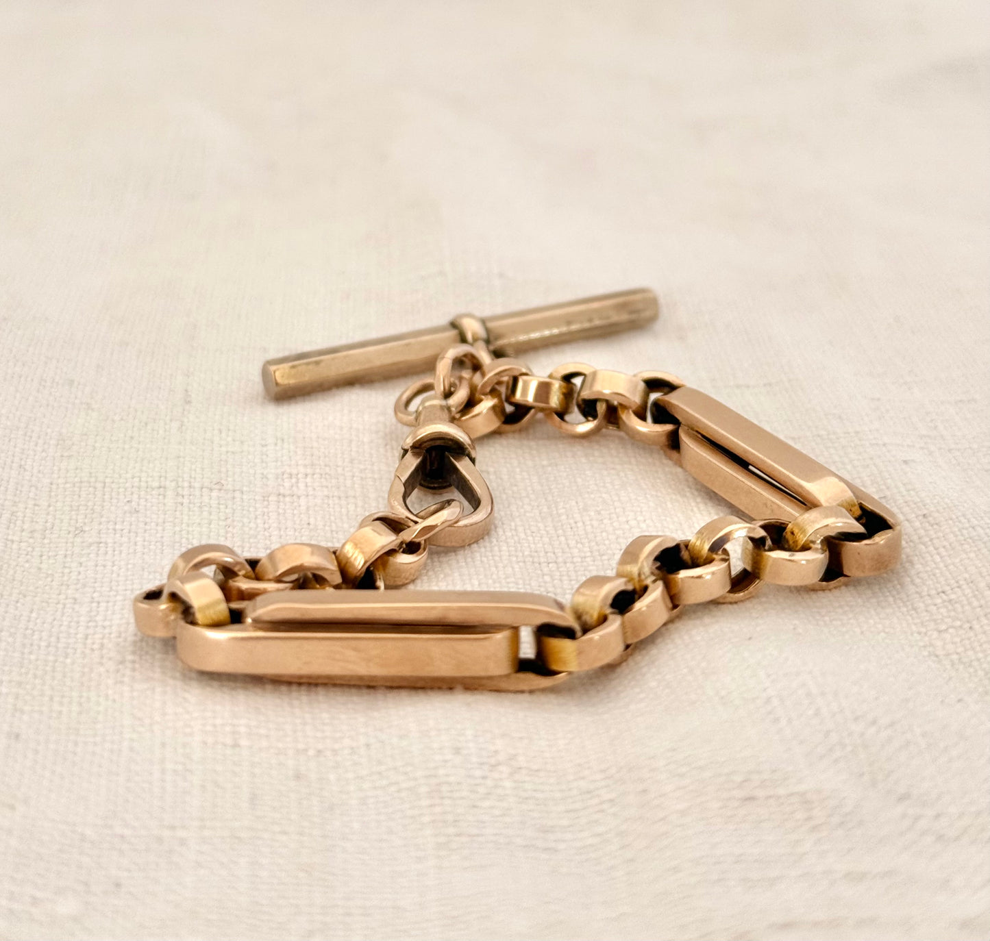 .1890s .1900s .9ct antique chunky gold fancy link double paper clip link fob chain with oversized T bar bracelet