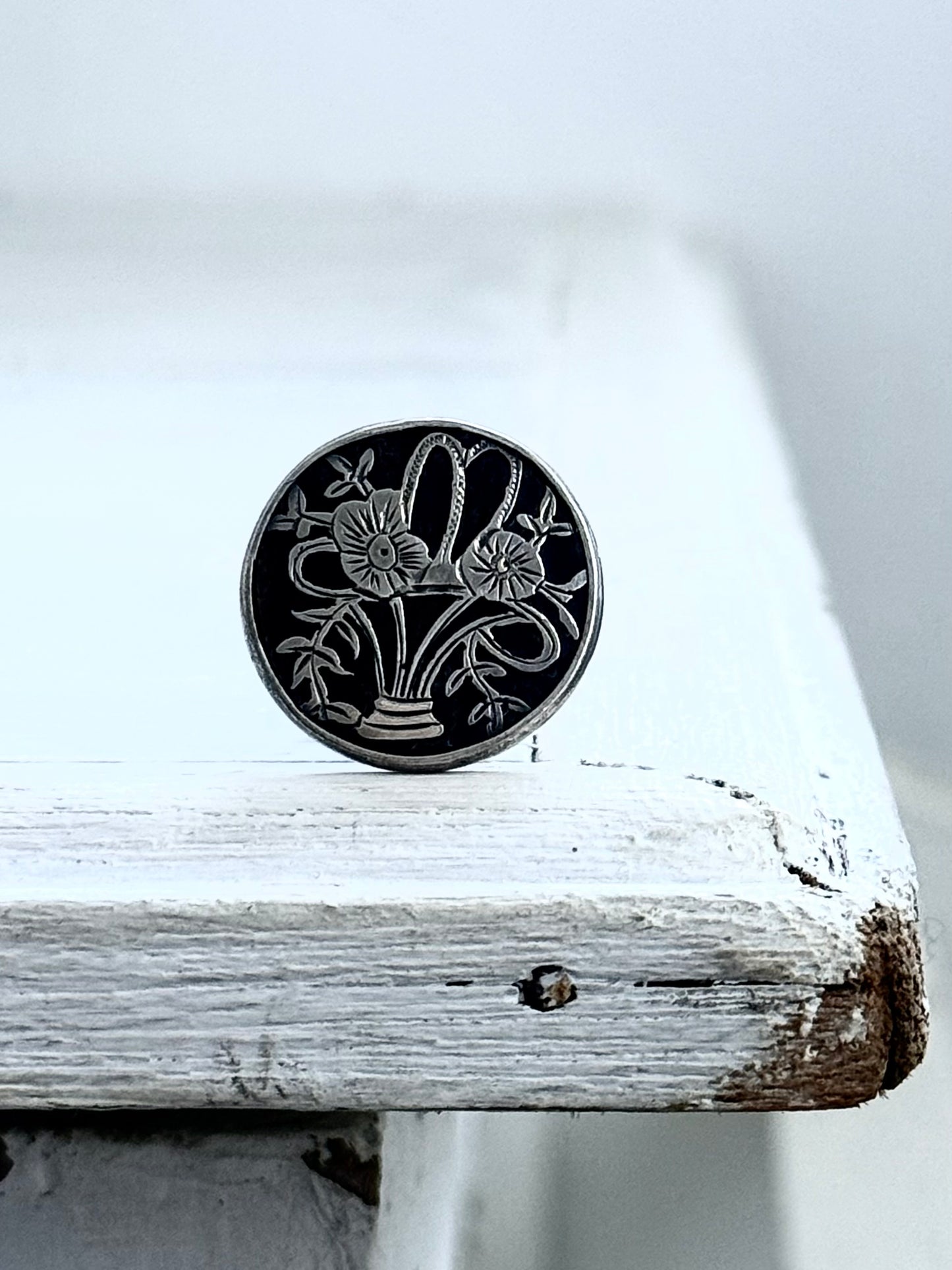 .1911s .925 antique Edwardian Victorian revival flower basket Giardinetti sweetheart button hallmark silver token brooch