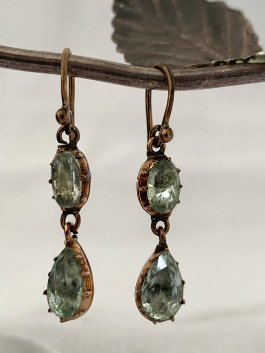 .375 1810s 1820s Aquamarine fine antique early Georgian foiled mine cut true antique dangle rose gold aquamarine gemstones 9k gold drop earrings