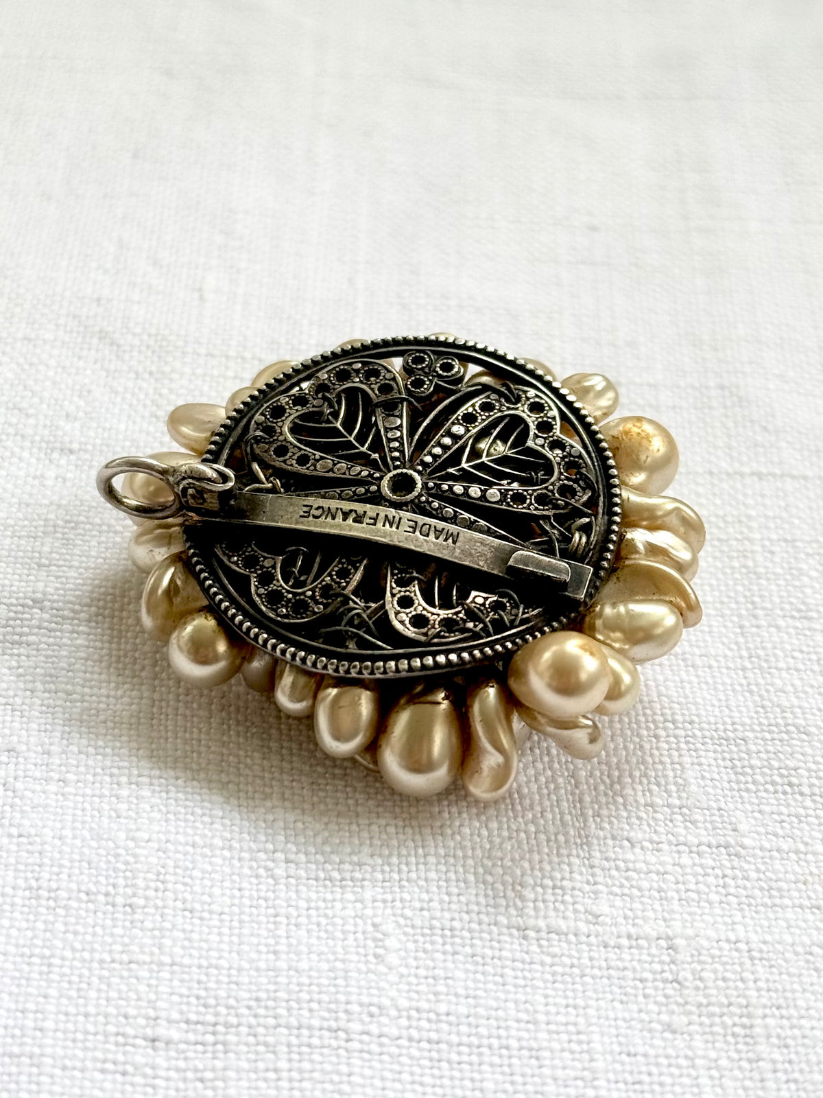 .1940s .1950s .925 French cluster faux glass pearl costume silver Louis Rousselet Rhondelle pendant