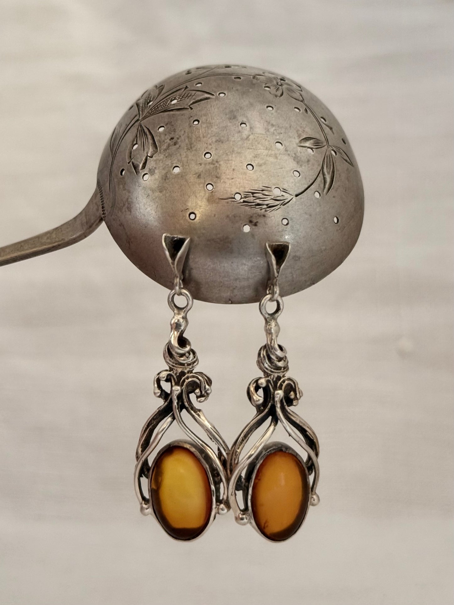 .925 Baltic Amber gemstone romantic antique revival sterling silver drop dangle earrings