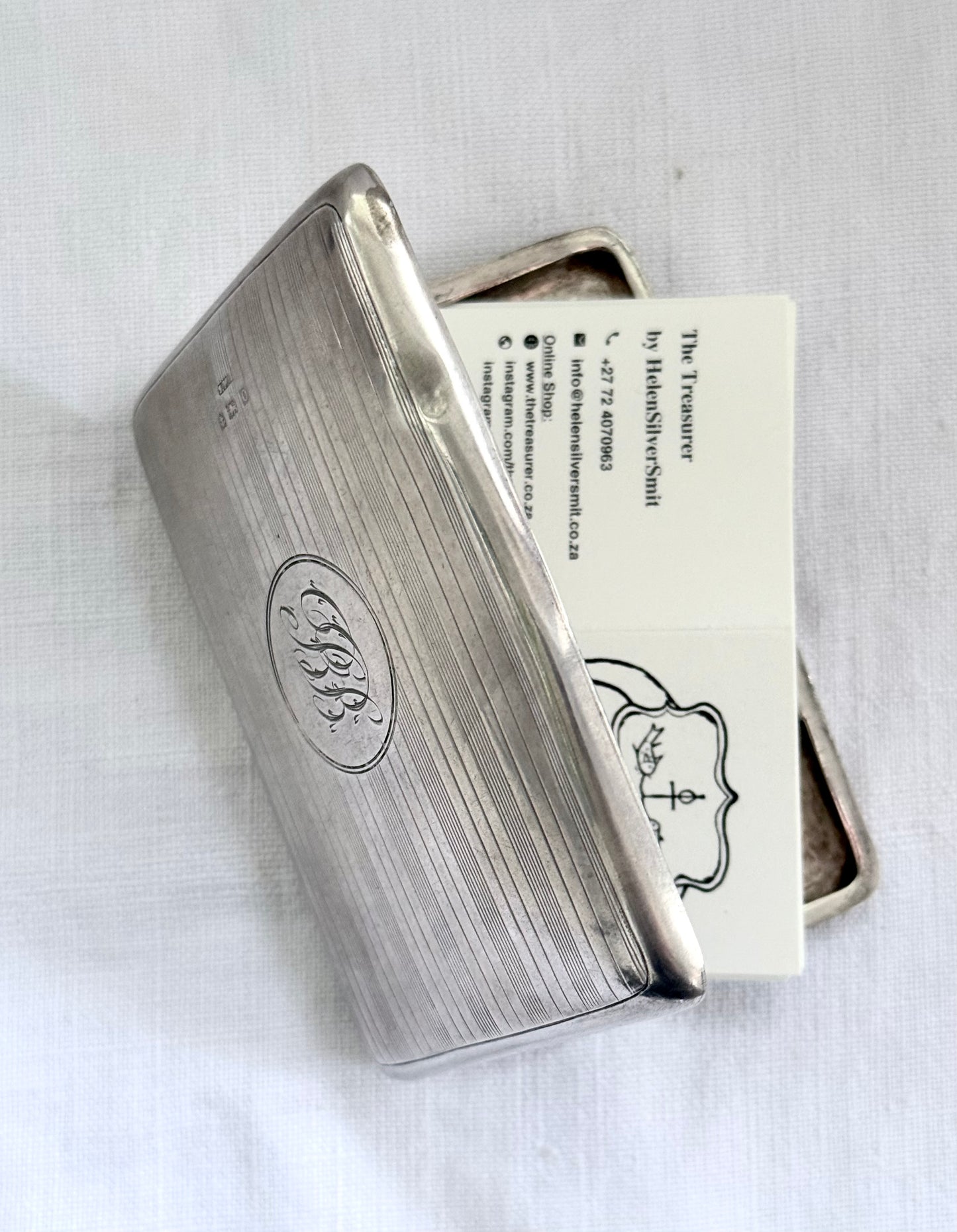 .1938 .925 Art Deco Birmingham hallmarked solid sterling silver pin stripe engine turned engraved heritage card case cigarette case