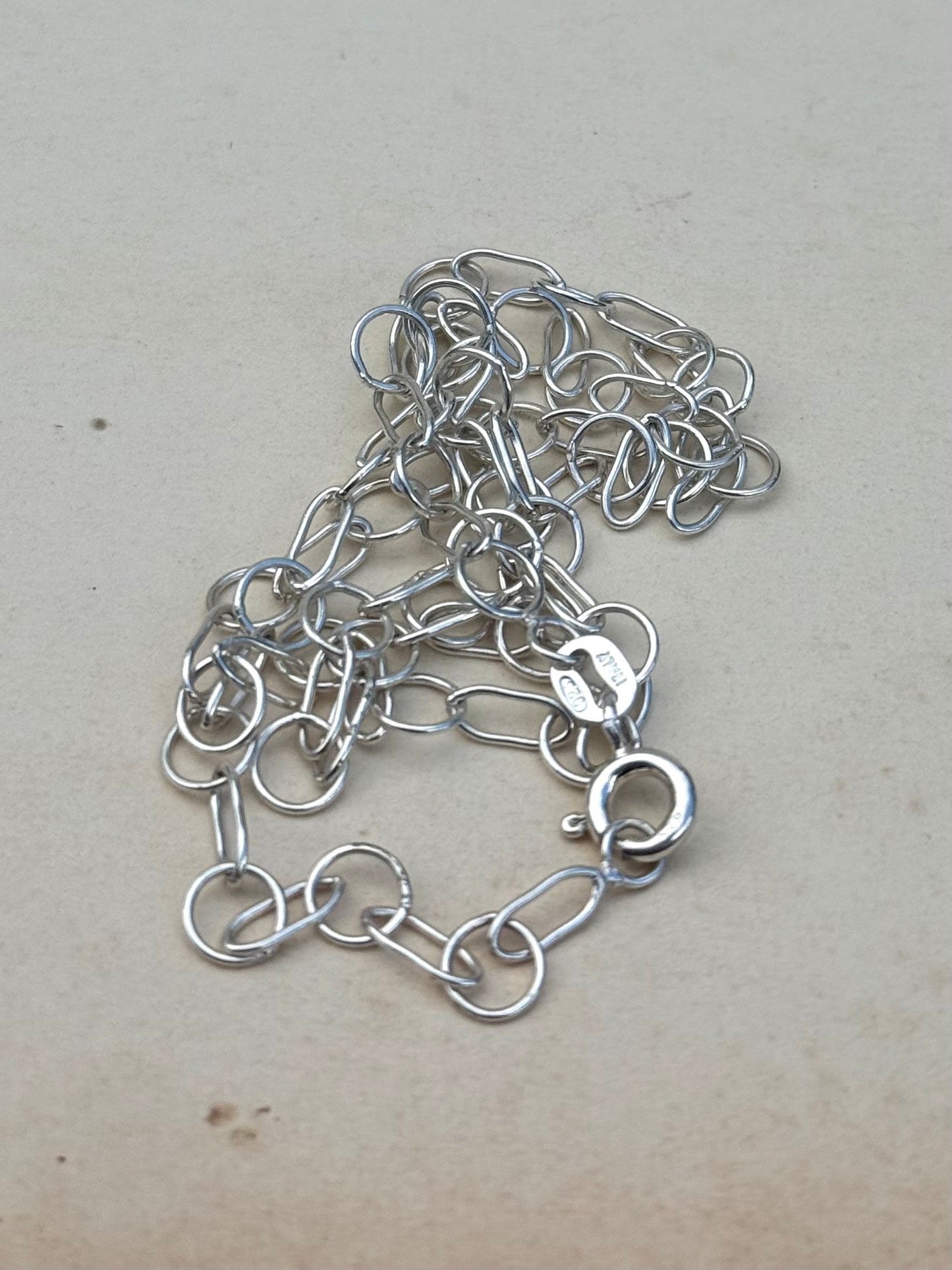 925 Modern sterling silver fancy form circle and oval long link fine chain necklace