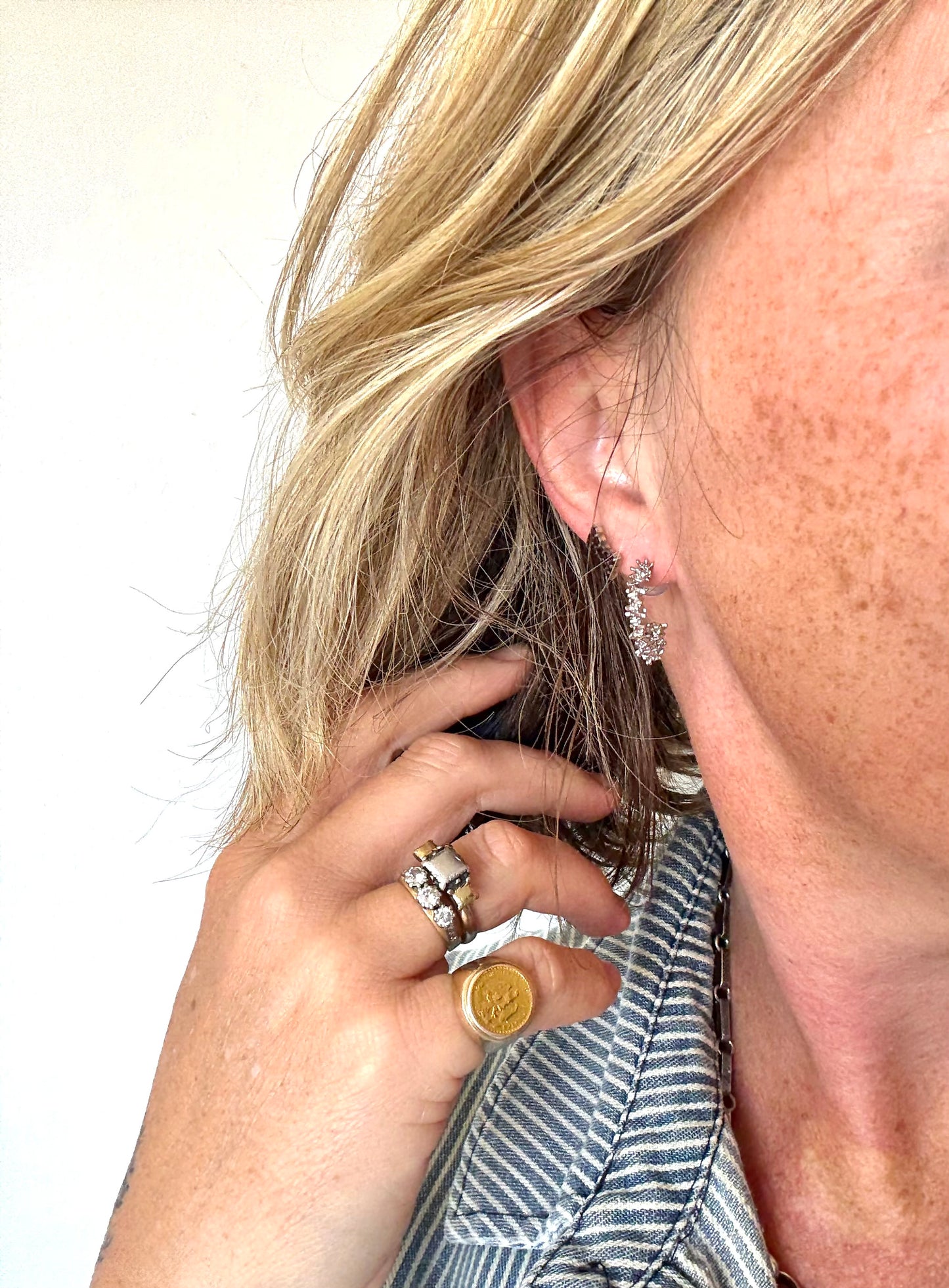 .925 Brutalist style tinsel textured sterling silver hoop push in stud earrings