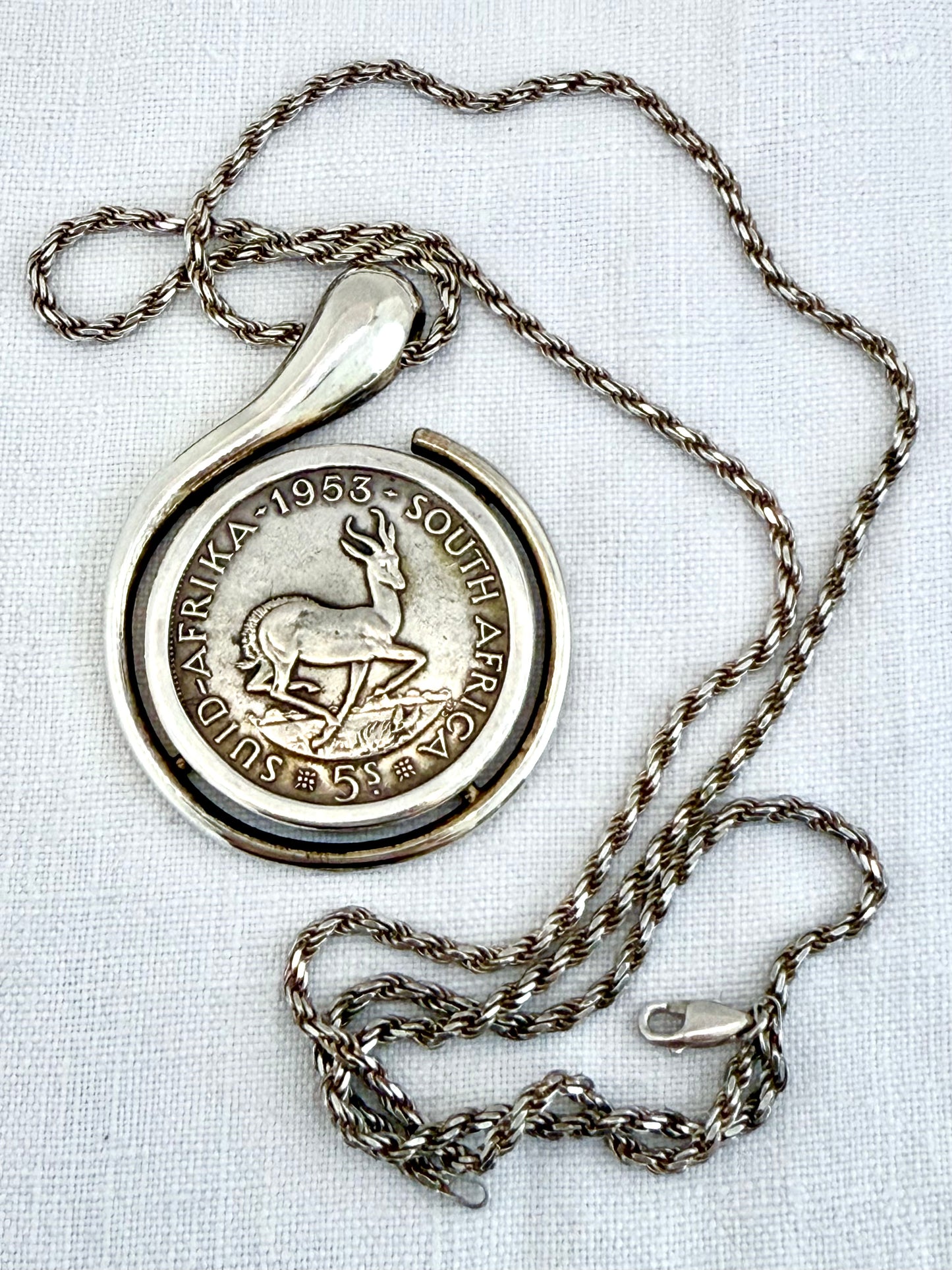 .1953 .500 silver and .925 silver large modernist statement South African 5 Shillings Silver Coin pendant and long rope weave chain necklace