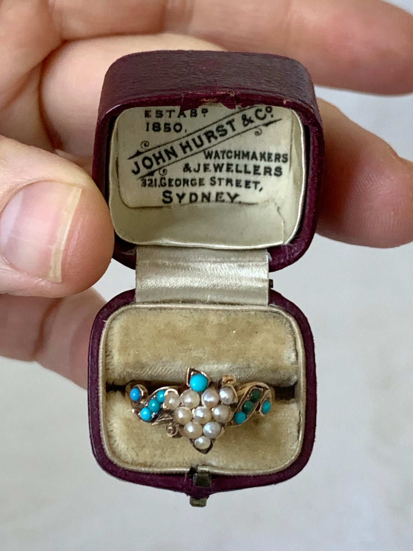 .1890s .1900s .375 .9ct antique buttery gold turquoise seed pearl grecian grape leaf Victorian gold sweetheart symbolic memory treasure ring
