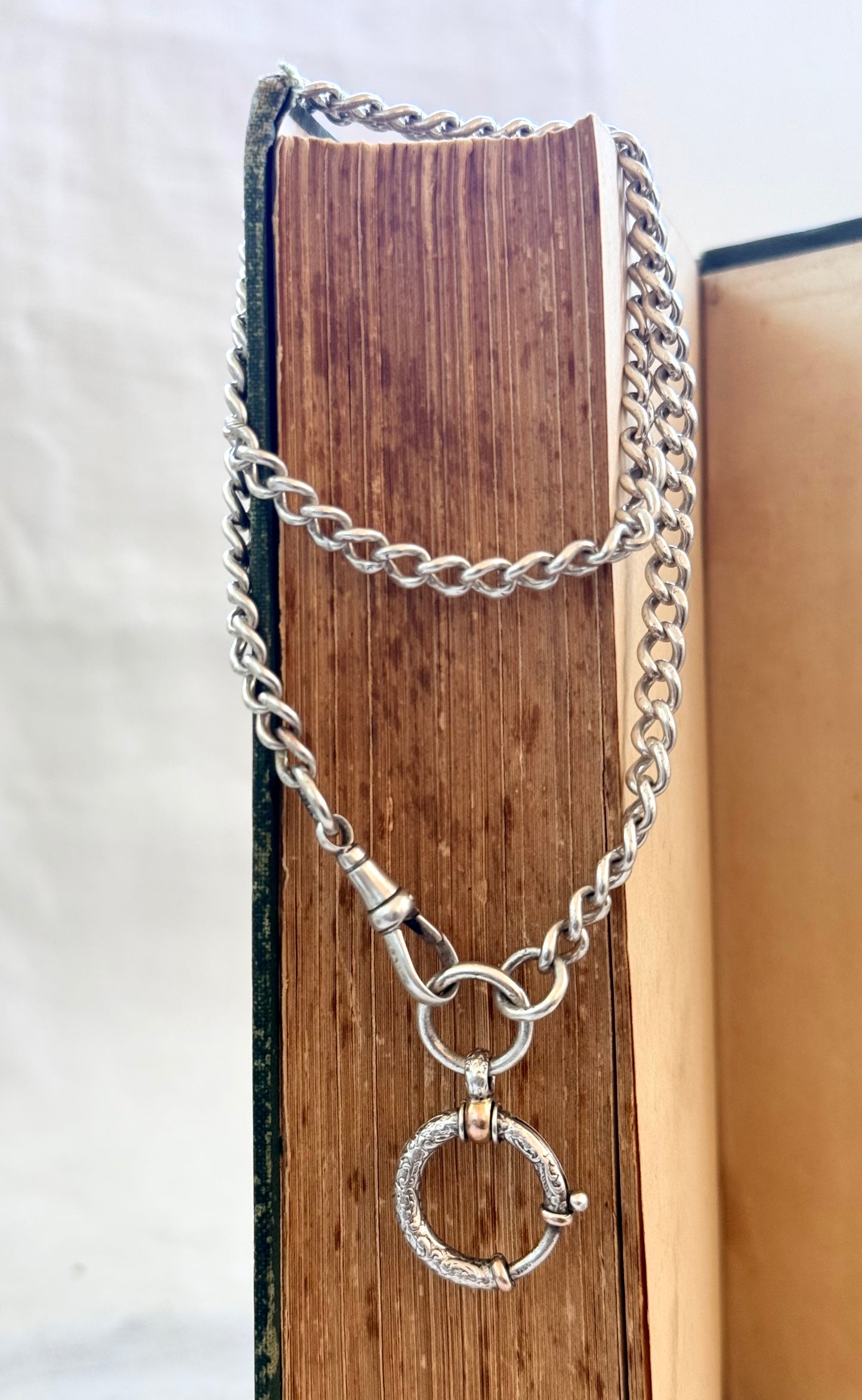 .1900s .1910s .900 .925 silver antique Edwardian solid sterling silver fob chain watch chain curb chain with rare fancy oversized bolt ring spring clasp