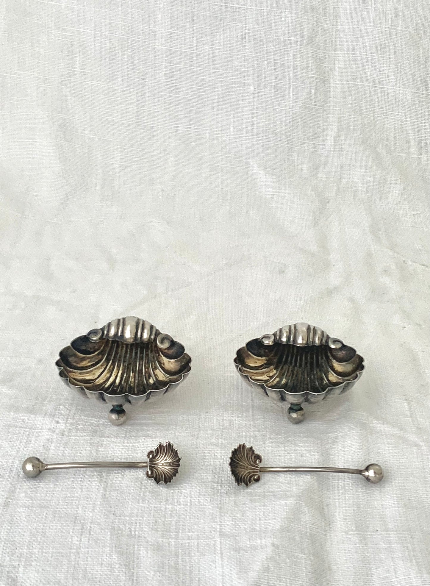 .1902 .925 Antique Clam Shell Cruet salt and pepper sterling silver set in Edwardian antique hallmarked sterling silver