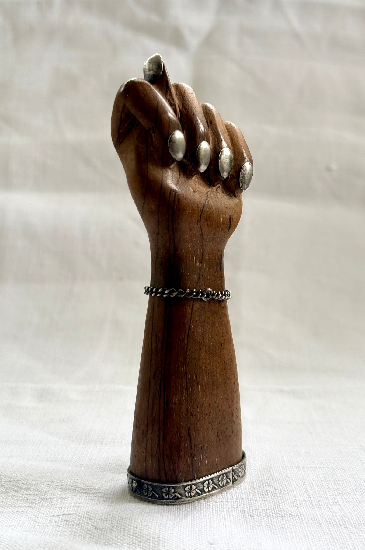 .1950s .900 Brazilian silver hand sculpted large artisan made wooden figa fist lucky token good luck talisman statue