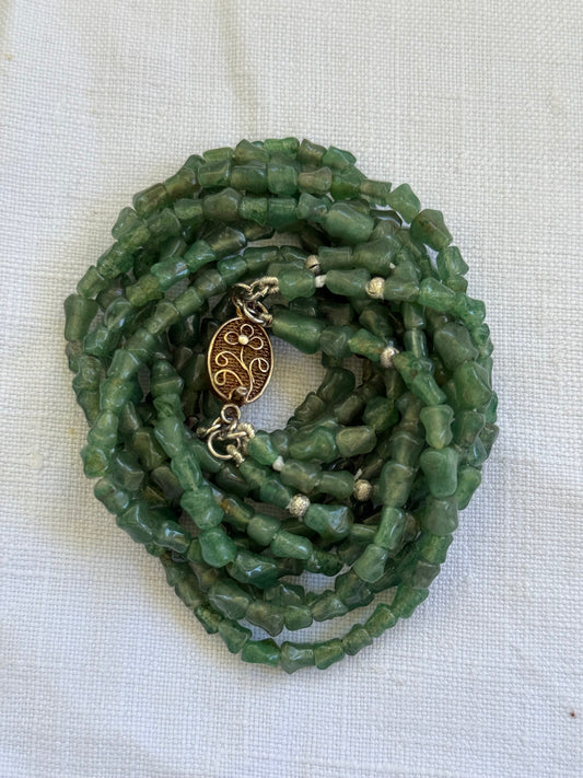 .1920s .1930s .1940s Chinese Aventurine “old Jade” Multi strand hand carved silver bamboo link export silver box clasp collectors necklace