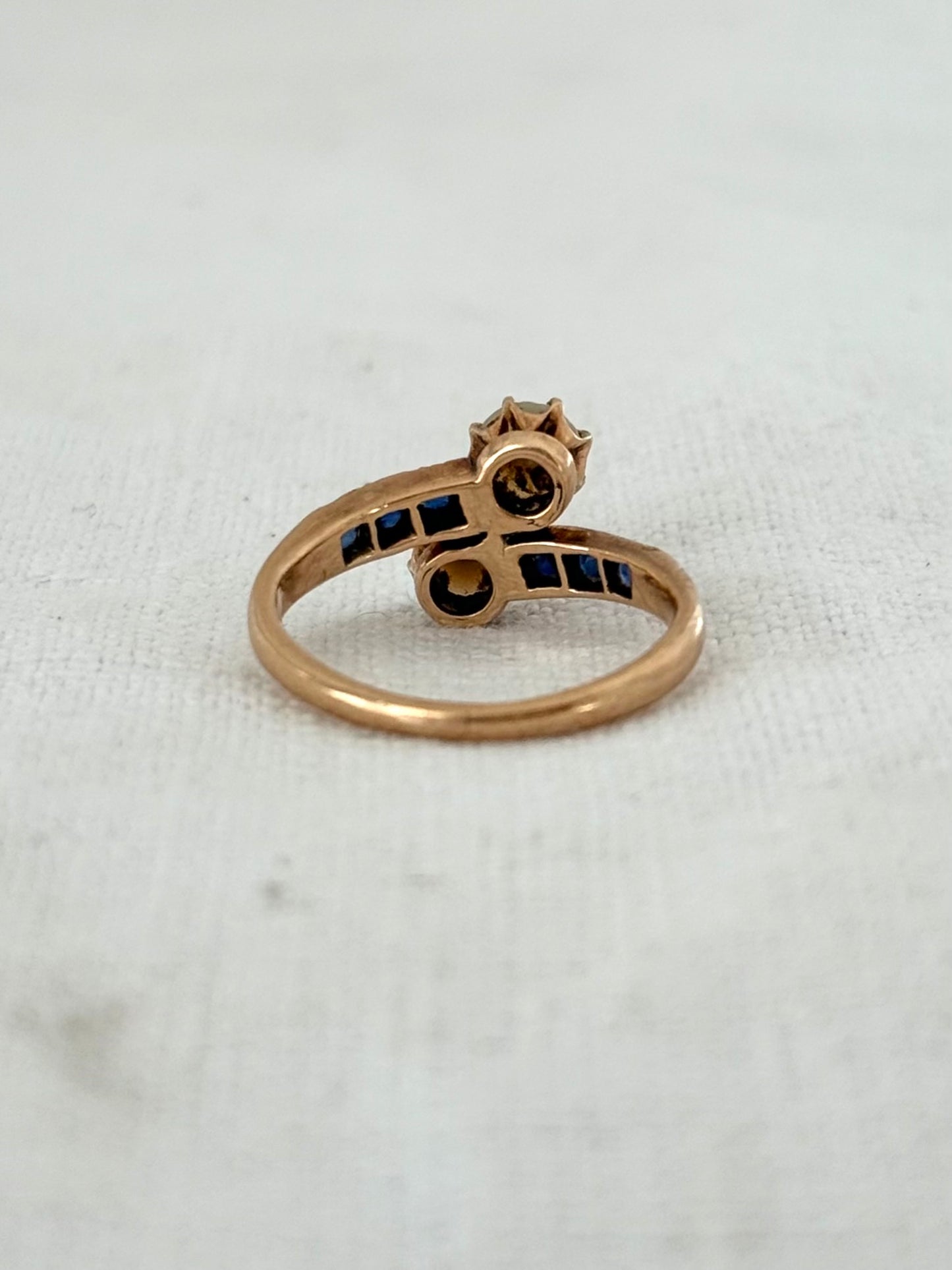 .14ct .1880s .1900s .585 gold antique Victorian Edwardian treasure Toi et Moi double pearl and sapphire bypass sweetheart commitment ring