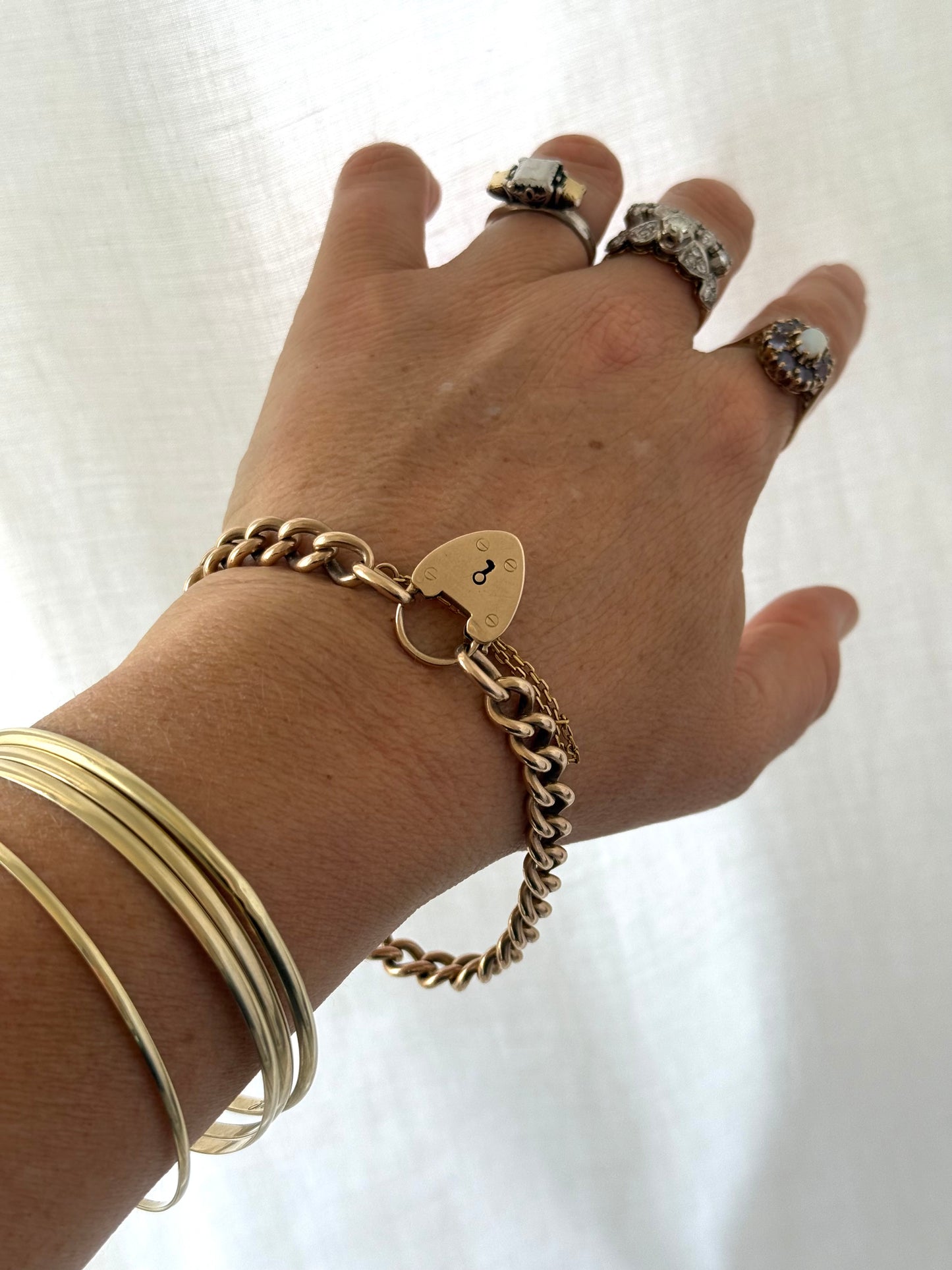 .10ct .417 solid gold 8mm chunky wide curb chain and oversized heart padlock heirloom heavy rose gold bracelet