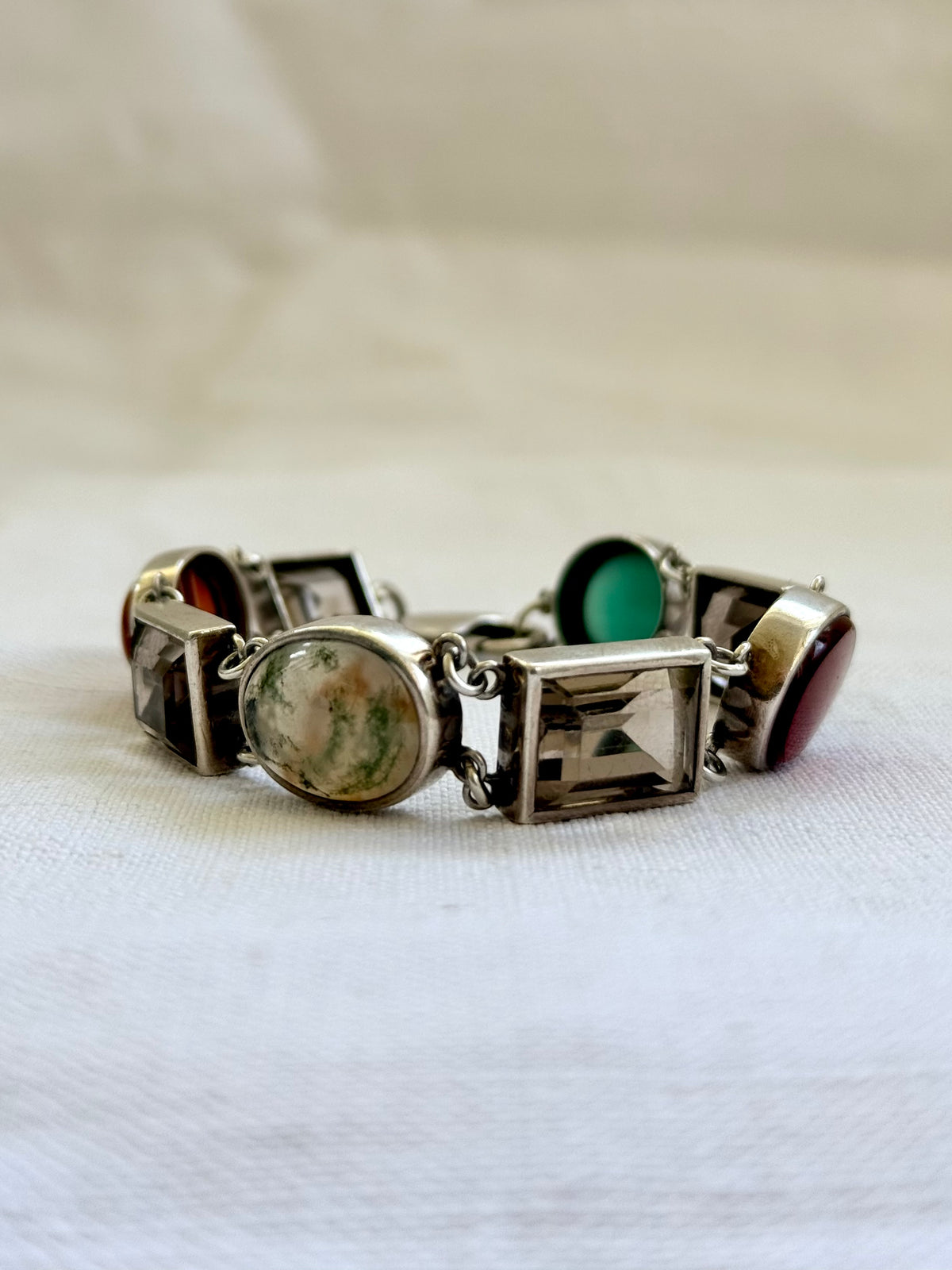 .1990s .2000s .8 stone .925 silver chunky statement artisan made Modernist gemstone links segment bracelet