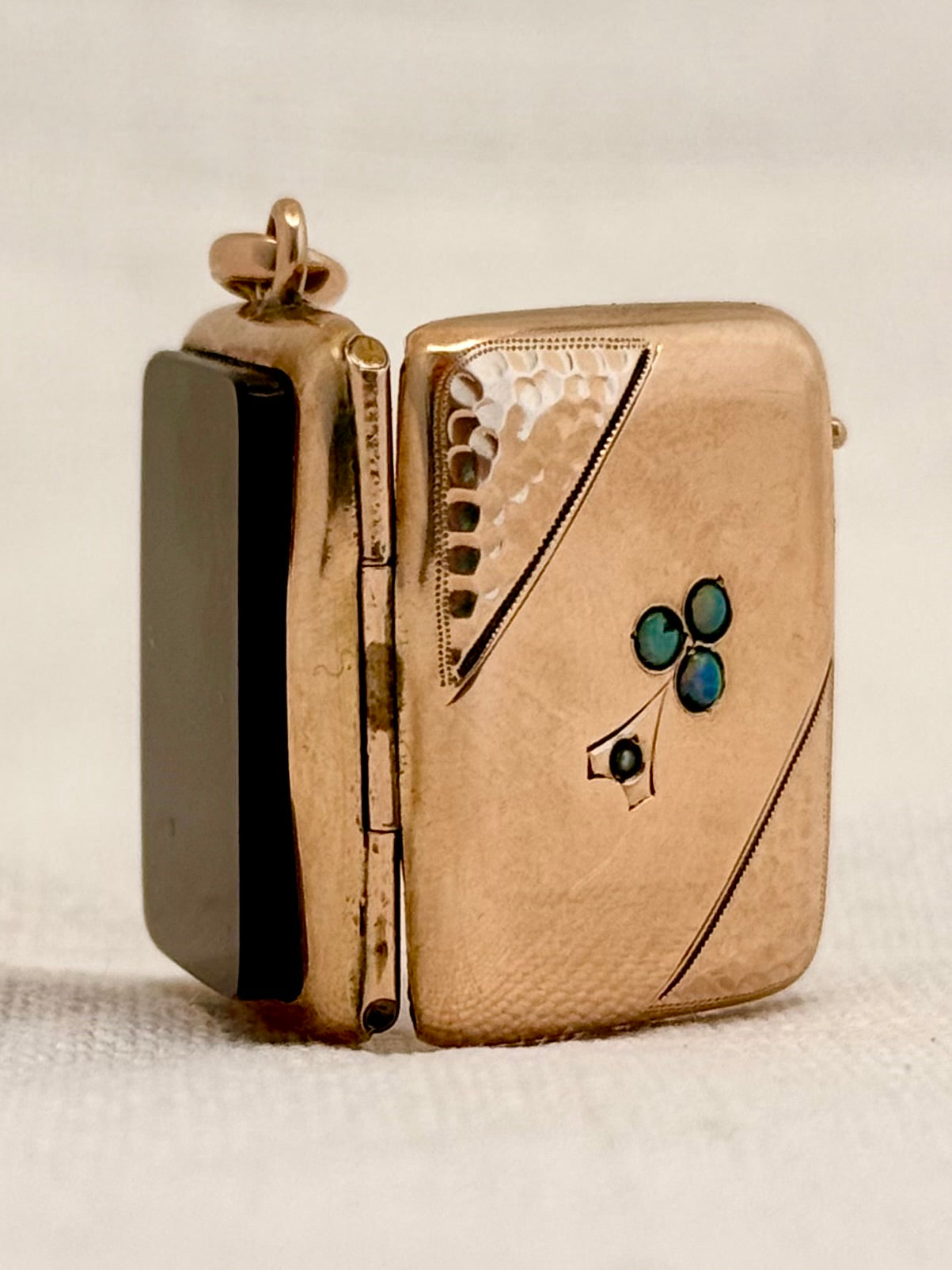 .1890s .1900s antique Victorian to Edwardian exquisite Rose Gold Cased photo locket with Opals and Pearl flower decal and Onyx gemstone back