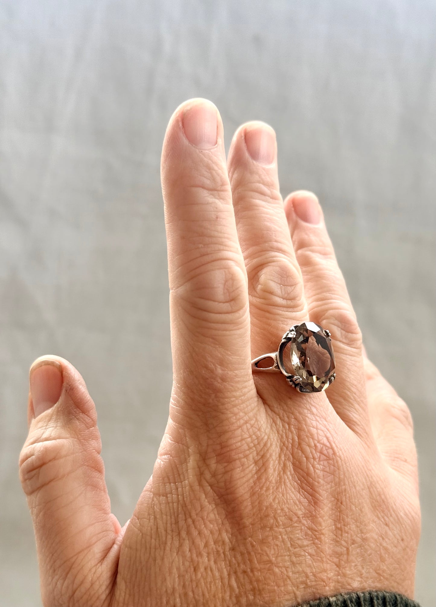 .1960s .925 magnificent large Smoky Quartz gemstone Mid Century Modern grey brown moody faceted gemstone retro Modernist sterling silver cocktail ring