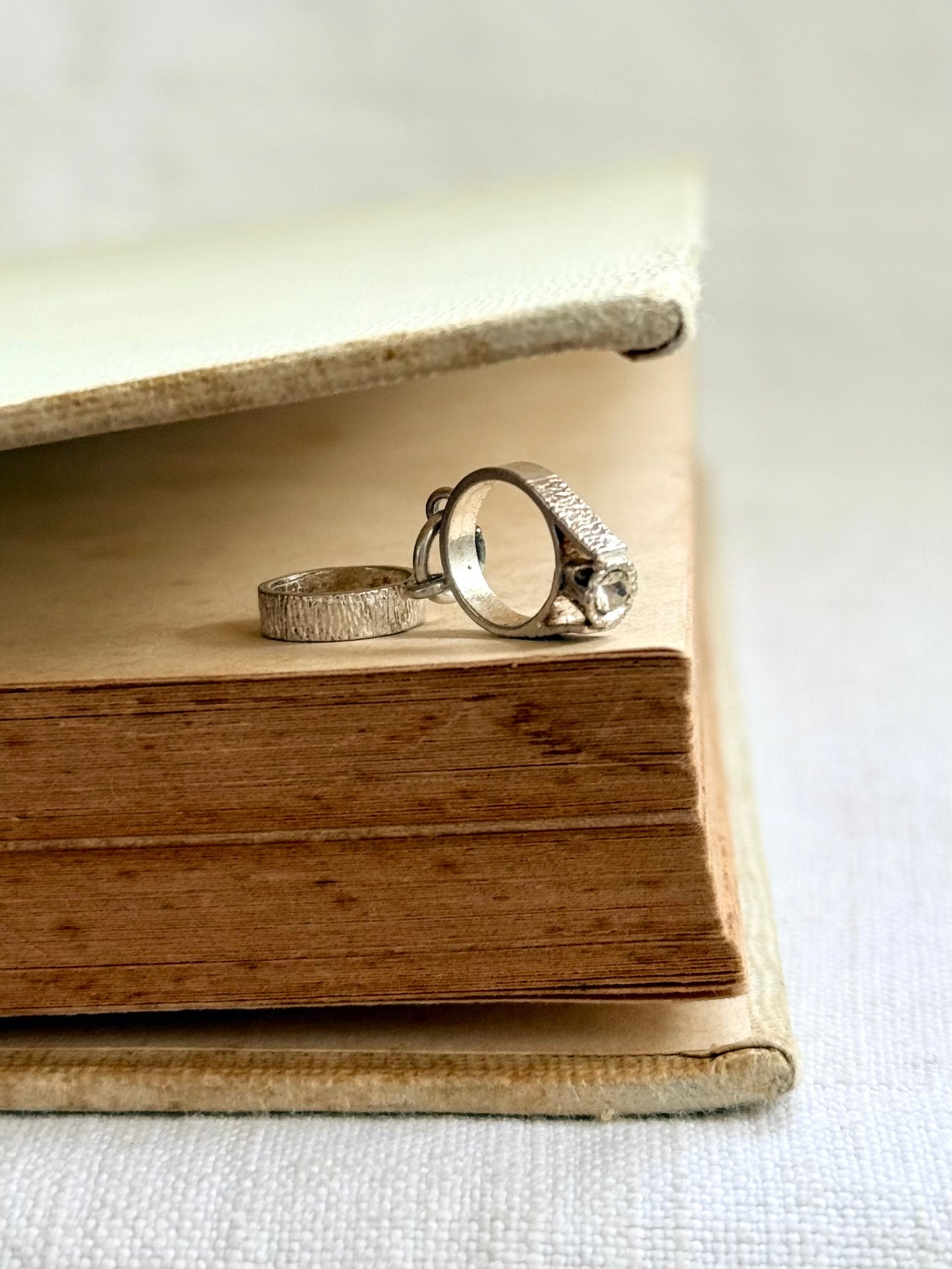 .1970s .925 Miniature wedding ring commitment ring silver retro diamanté ring token charm pendant