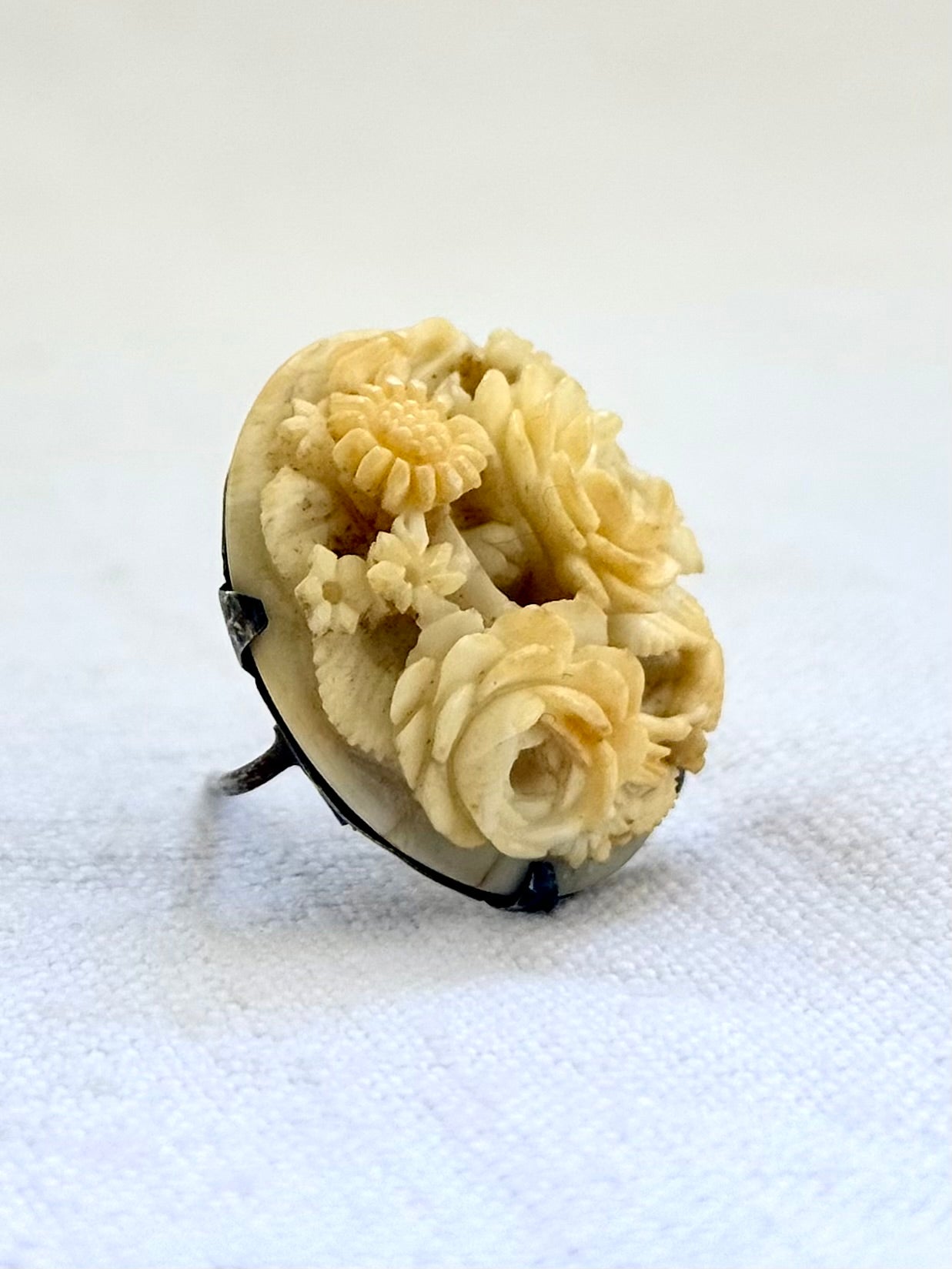 1890s .1900s antique artisan made Victorian Edwardian styled flower bouquet hand carved pre ban ivory bone Rose Daisy Forget me Not flower brooch