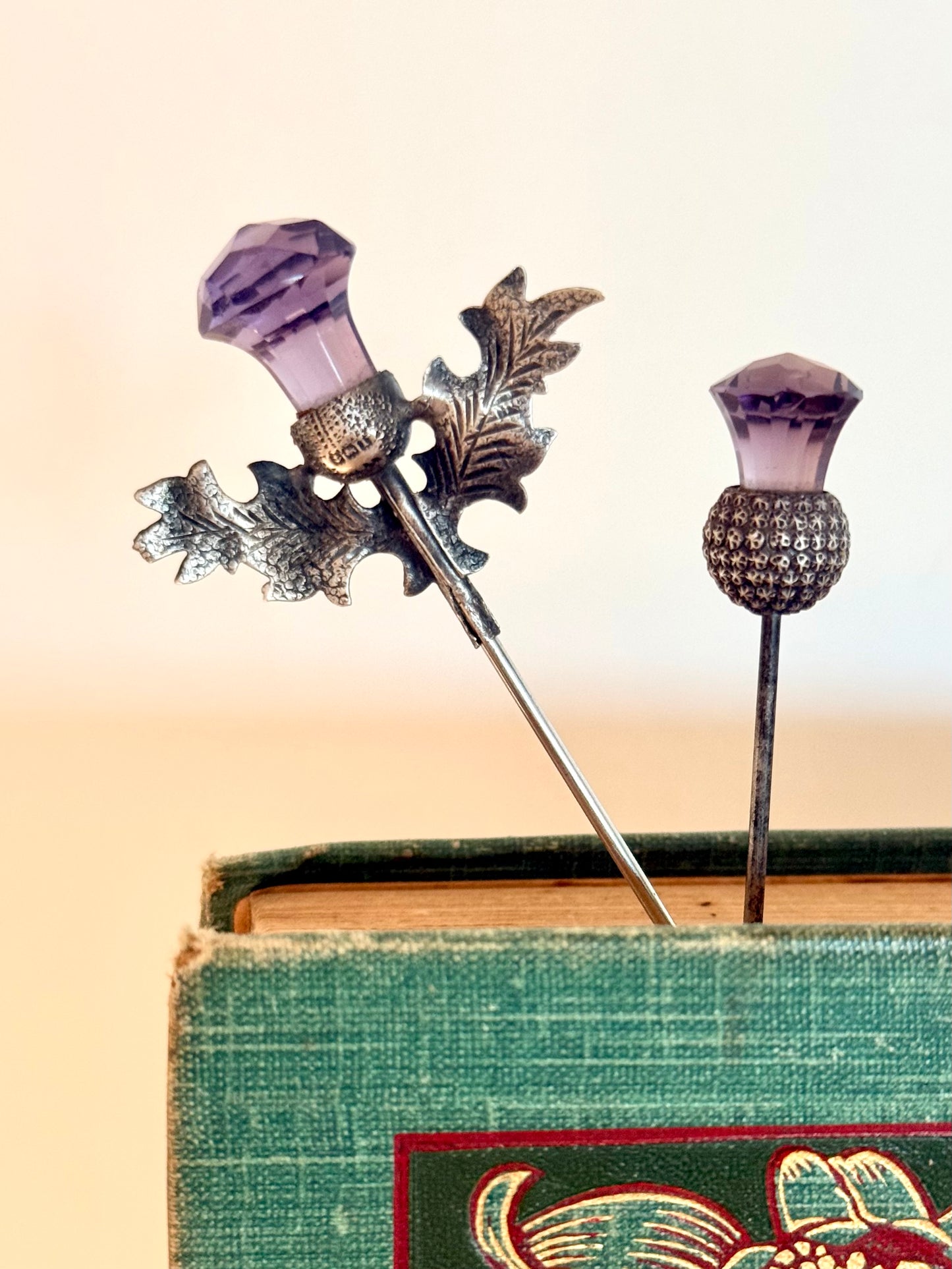 .1910 .925 antique Edwardian Scottish Thistle Amethyst paste gemstone long hatpin collectors heirloom piece