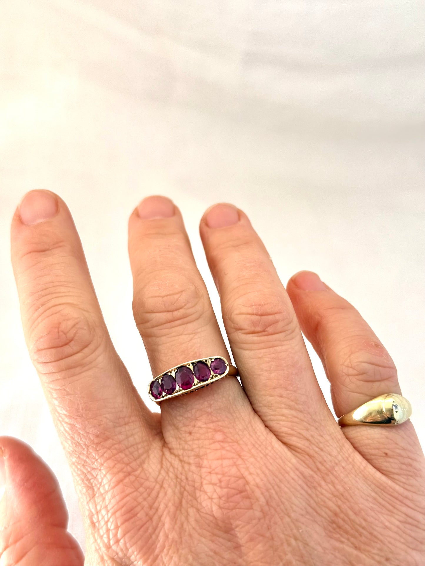 .14ct .1900s .1910s antique heirloom Pink Ruby 5 stone across Edwardian yellow gold half eternity boat ring dress ring