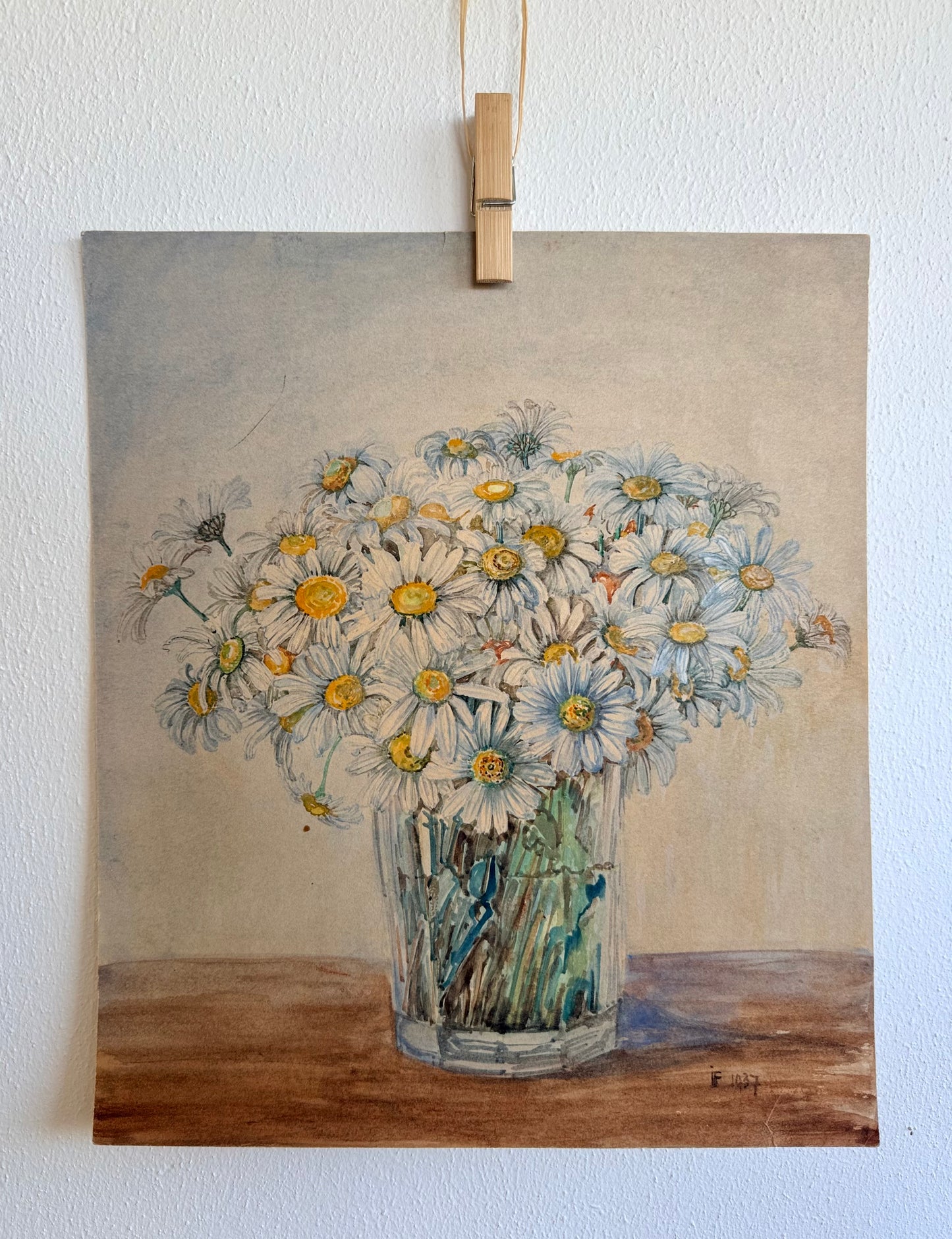 .1937 artist signed watercolour still life Daisies artwork art