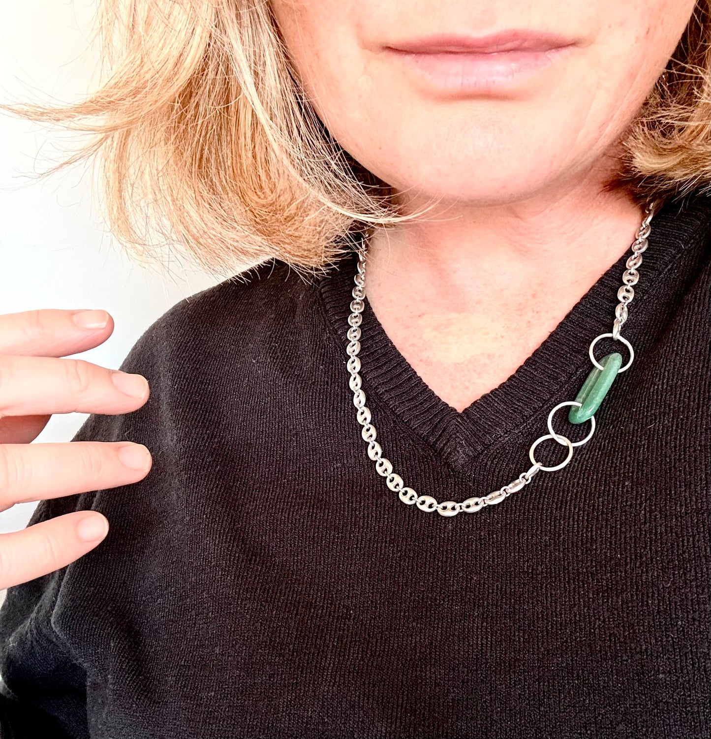 .925 HelenSilverSmit artisan made mariners link Gucci link Chrysoprase gemstone link chain necklace
