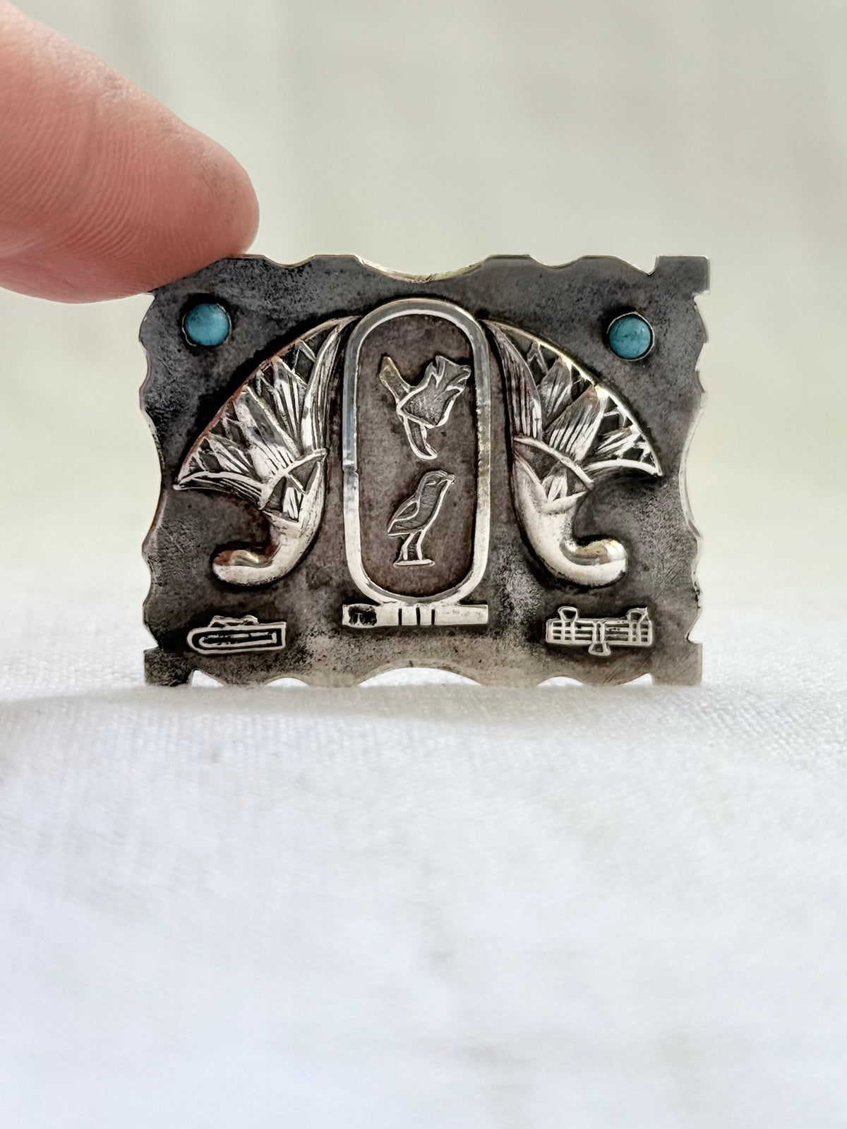 .1940s .800 Egyptian silver Arts & Crafts Hieroglyphics modernist silver and turquoise brooch pin