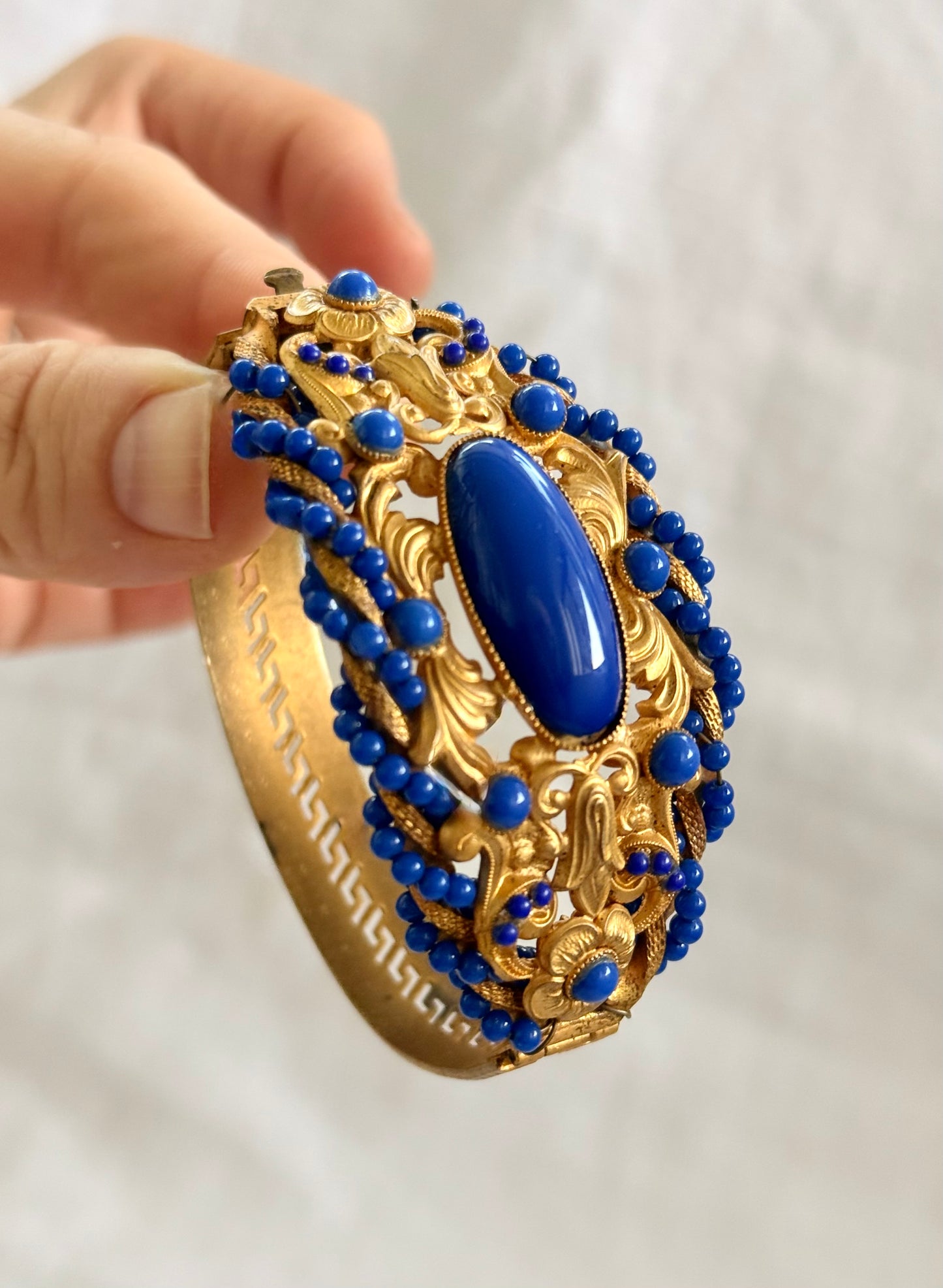 .1870s .1890s antique Baroque revival gold plated E.A. Bliss clasp bangle