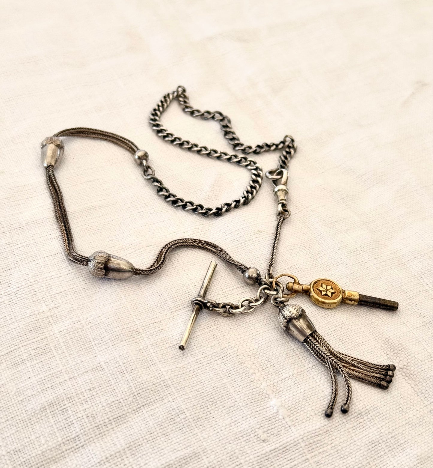 .1890s .1910s .925 antique rare Belle Epoque fancy Acorn lucky token Albertina chain hallmark silver fob chain necklace with Etruscan revival tassel fob and brass watch winder key dangles