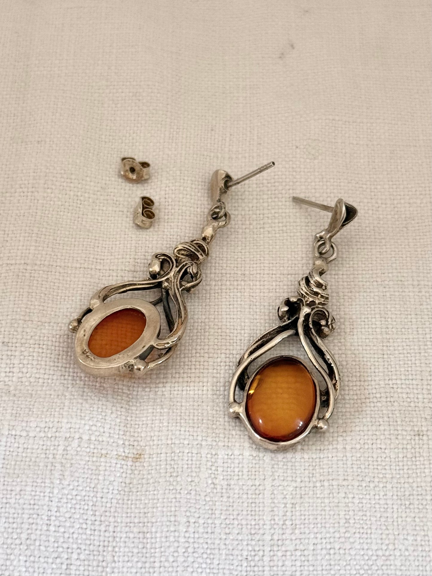 .925 Baltic Amber gemstone romantic antique revival sterling silver drop dangle earrings