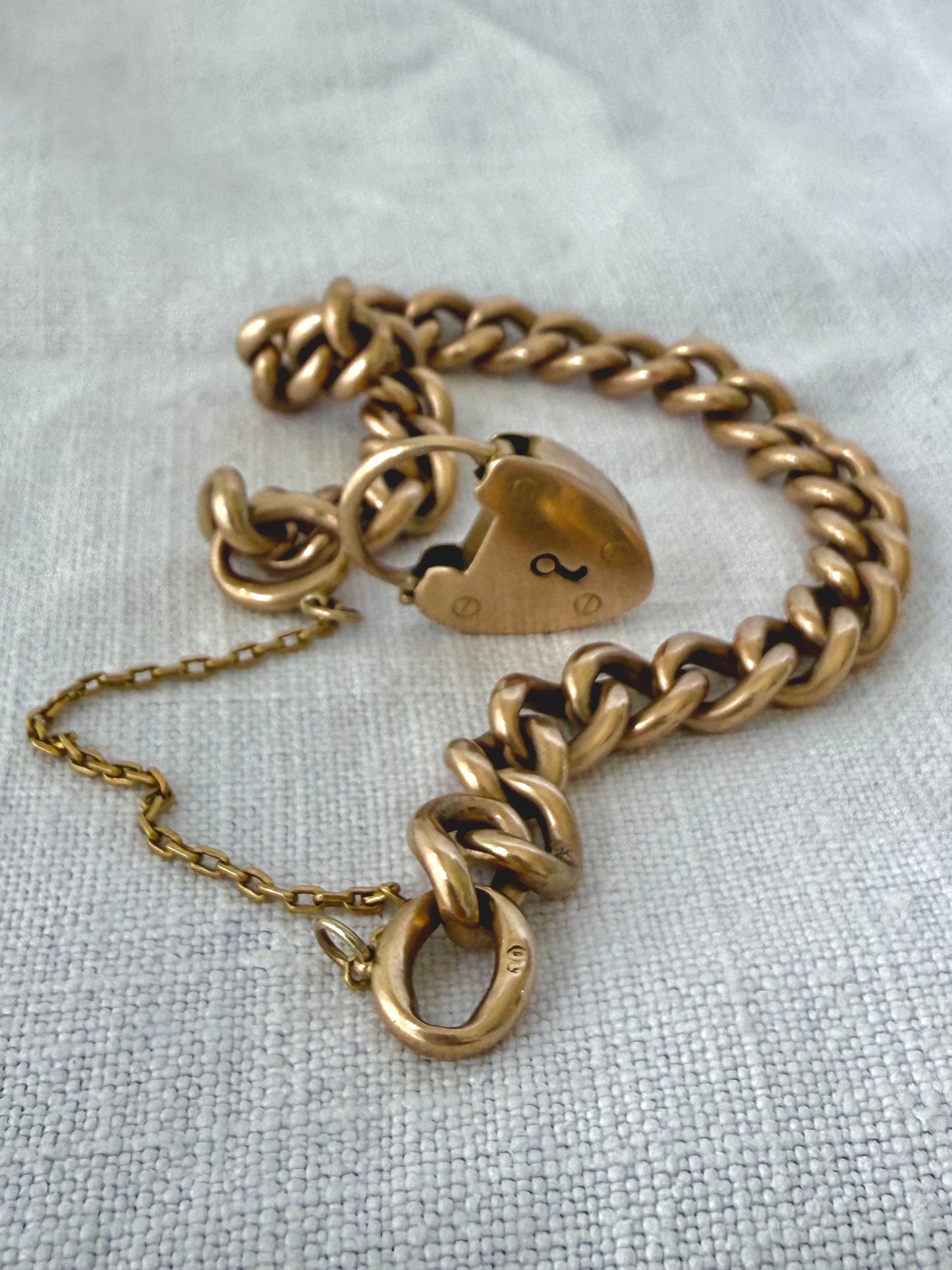 .10ct .417 solid gold 8mm chunky wide curb chain and oversized heart padlock heirloom heavy rose gold bracelet