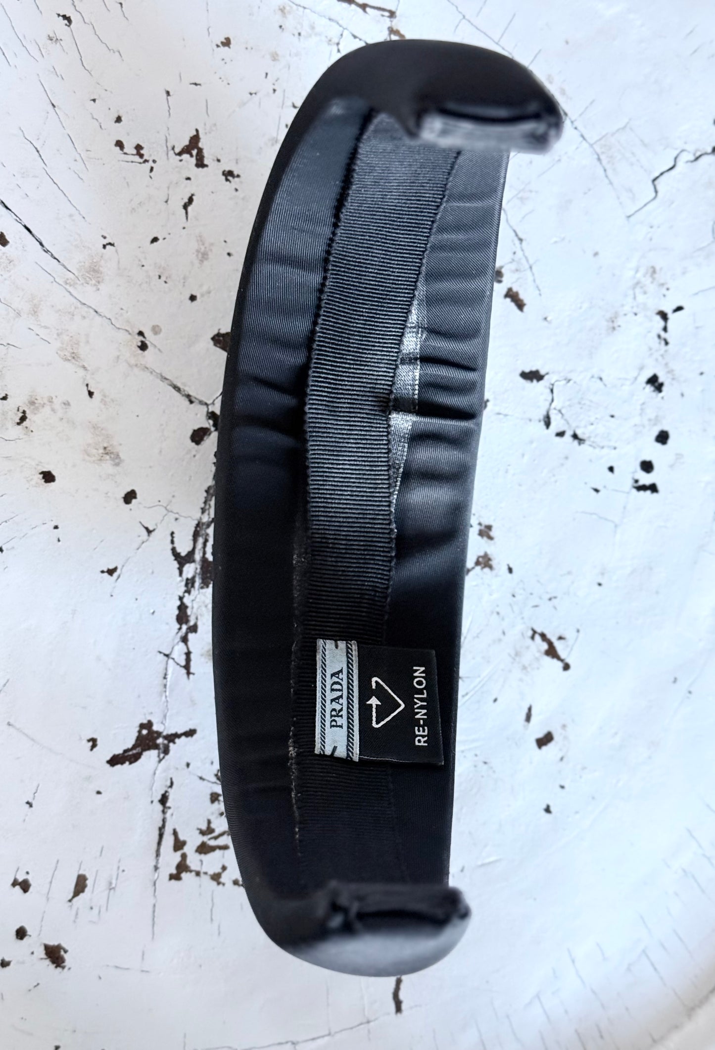 .1990s .2000s designer PRADA black hair accessory Triangle logo RE-NYLON oversized puffy headband