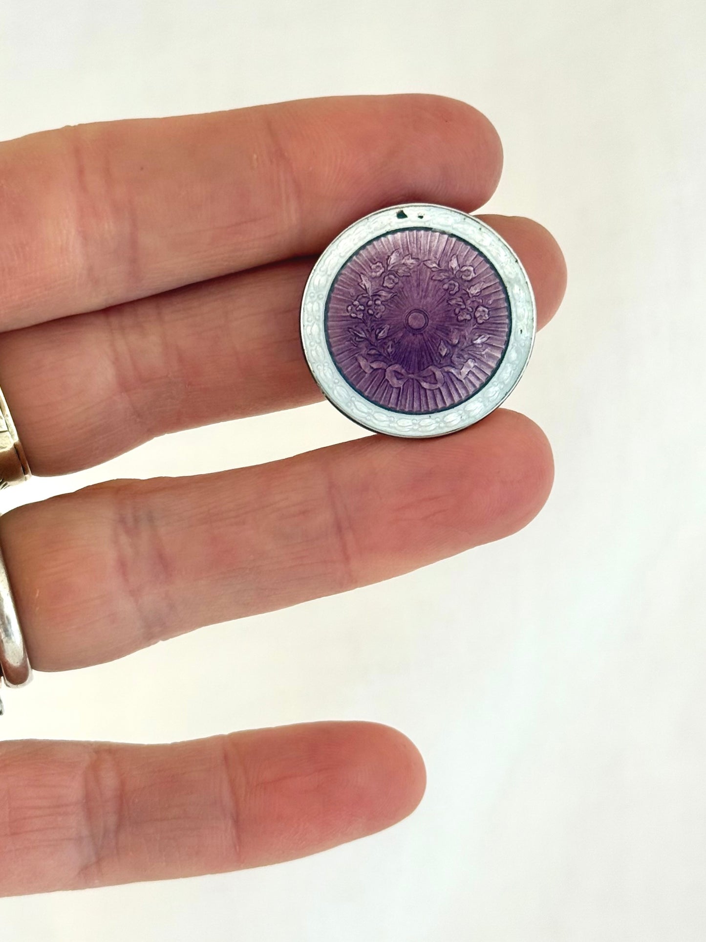 .1928 .925 Art Deco Birmingham silver lilac purple and white guilloche enamel button brooch lapel pin