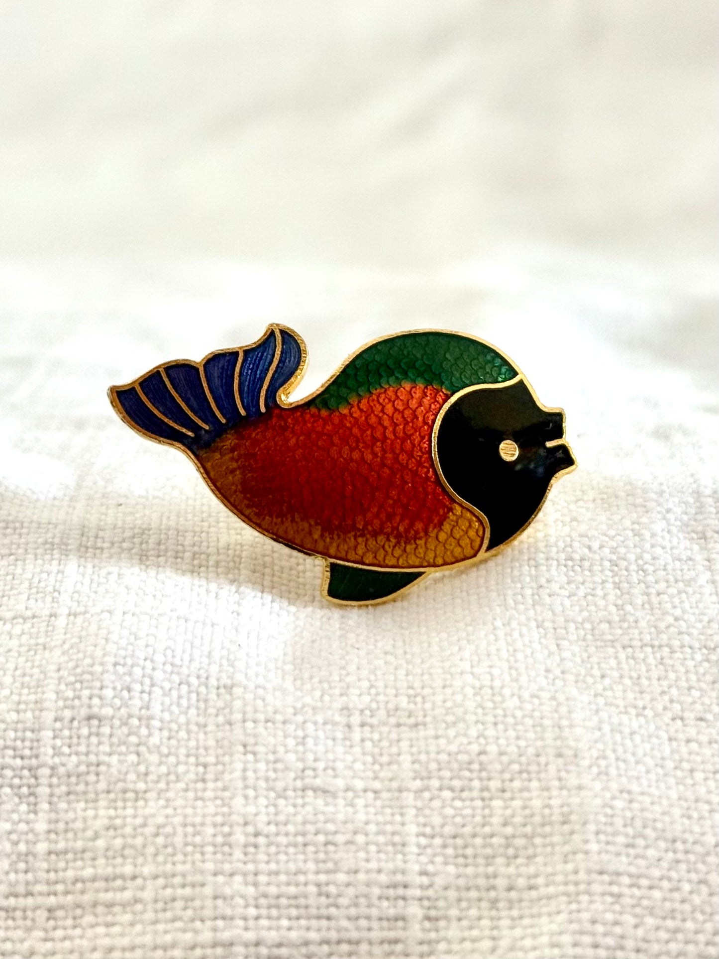 .1970s vintage Black Face colourful enamel fish quirky gold tone bright enamel fun fish costume brooch