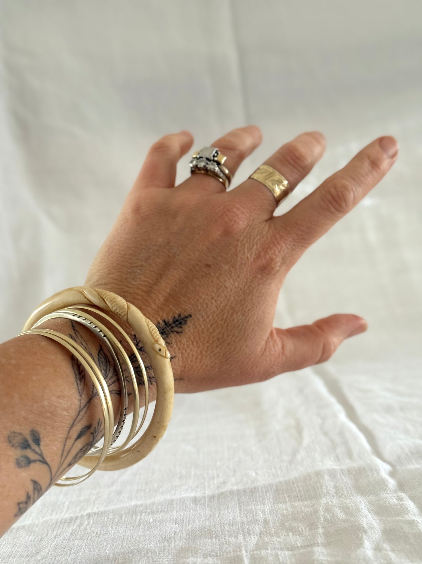 .1900s antique Arts & Crafts snake detailed hand carved pre ban ivory bone Victorian ivory stack bangle