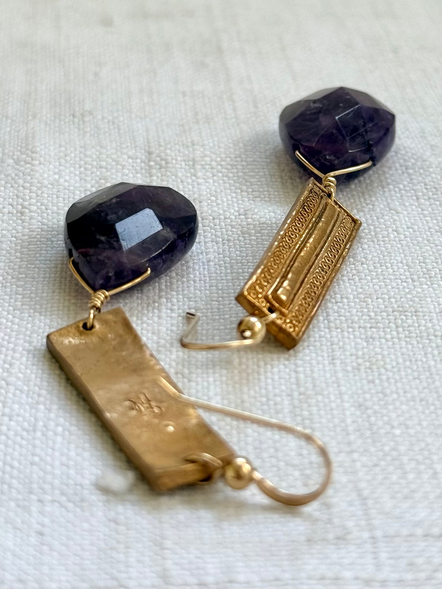 .14k gold Amethyst gemstone Briolette teardrop gold plated artisan made boho drop dangle earrings