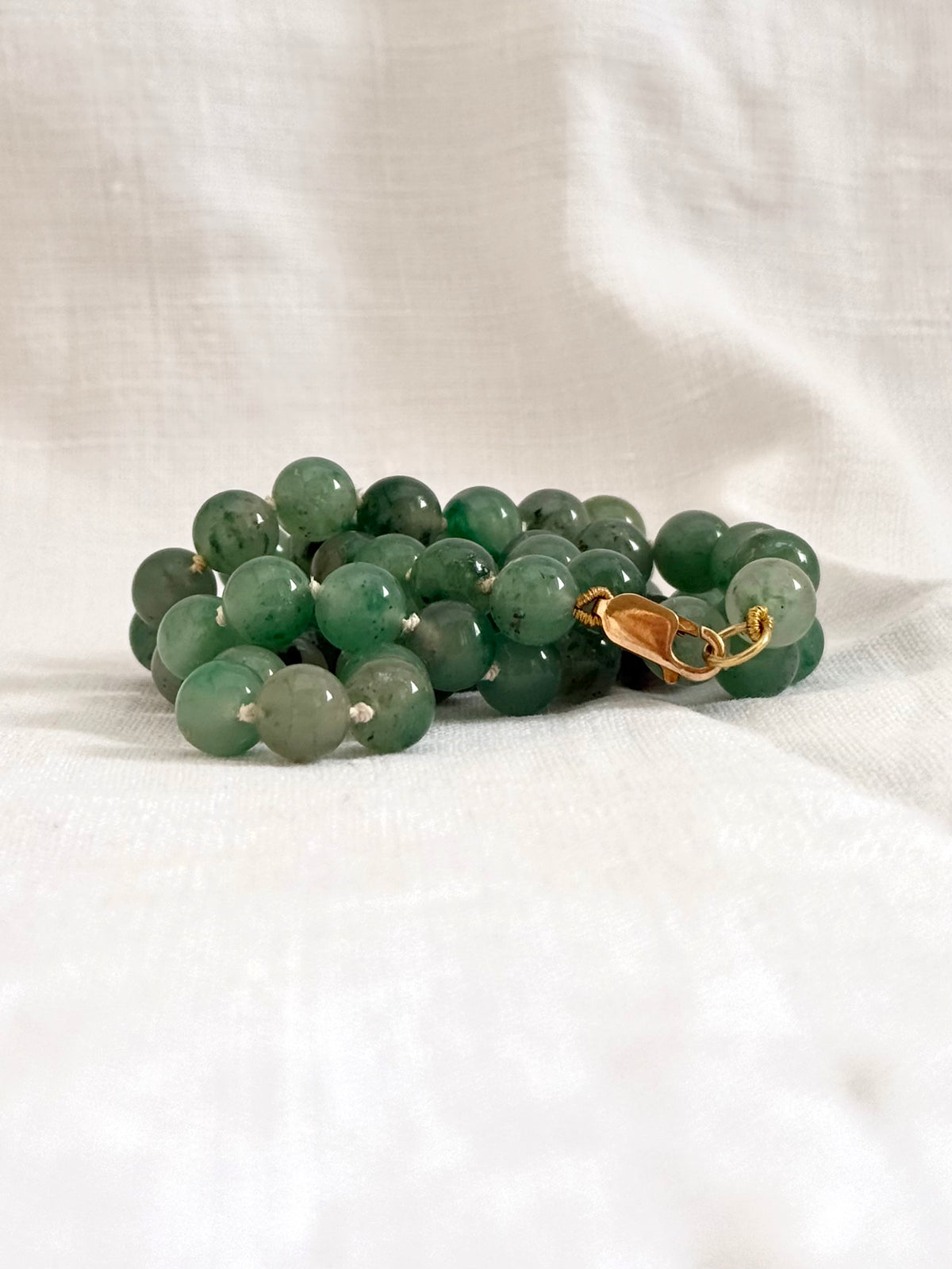 .375 .9ct gold and natural Aventurine “old Jade” long luxurious gemstone bead necklace