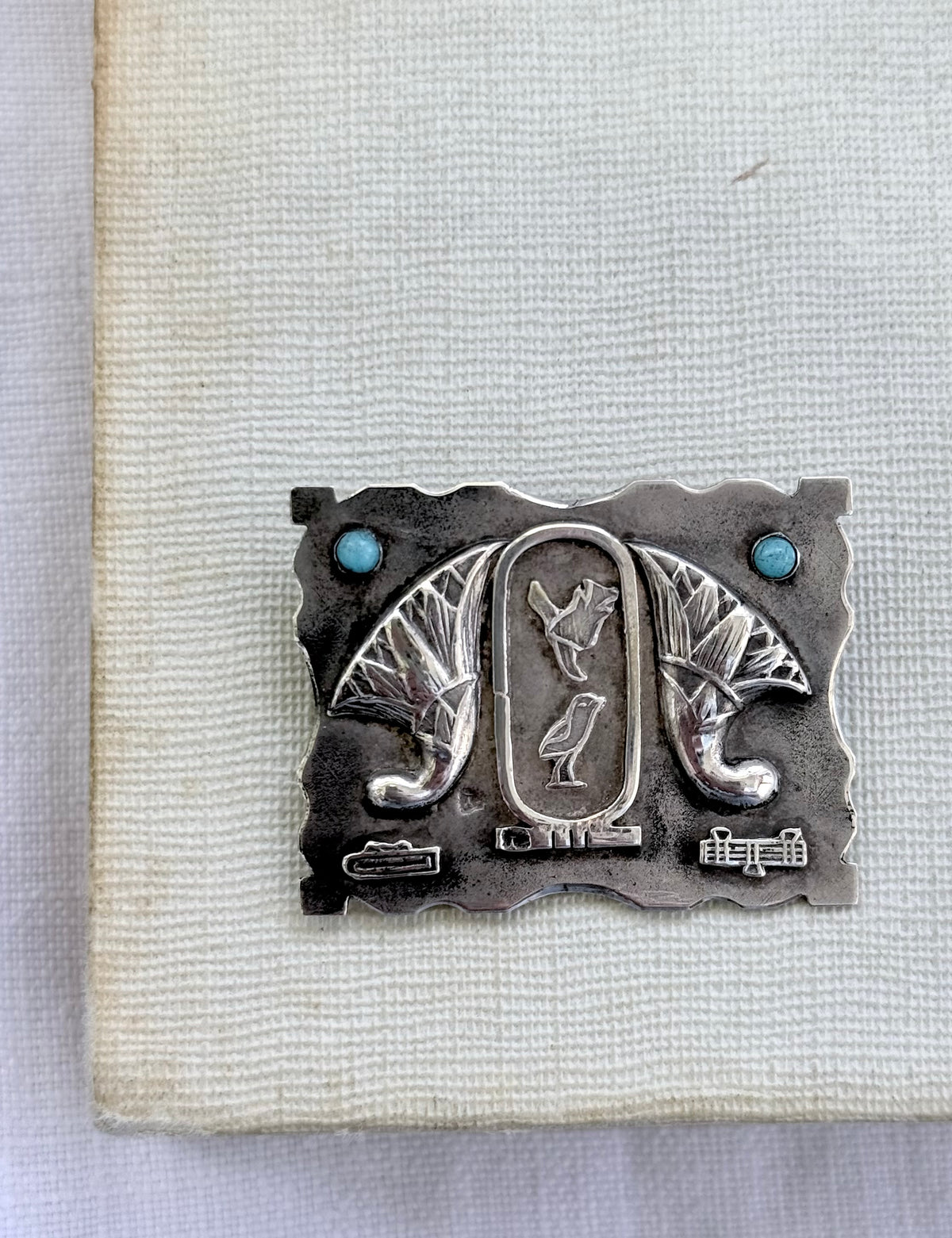 .1940s .800 Egyptian silver Arts & Crafts Hieroglyphics modernist silver and turquoise brooch pin