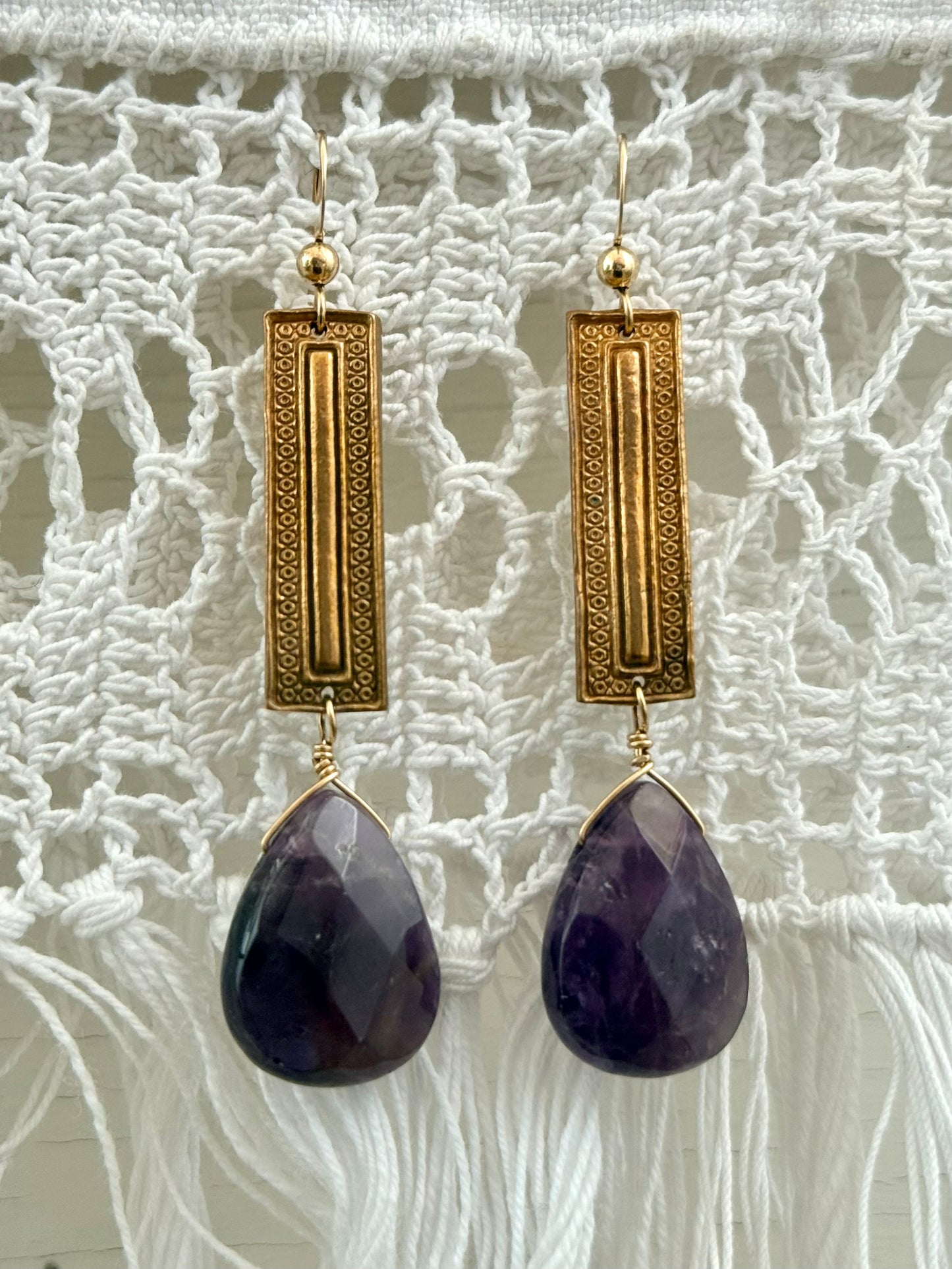 .14k gold Amethyst gemstone Briolette teardrop gold plated artisan made boho drop dangle earrings