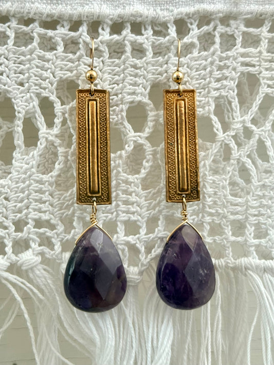 .14k gold Amethyst gemstone Briolette teardrop gold plated artisan made boho drop dangle earrings
