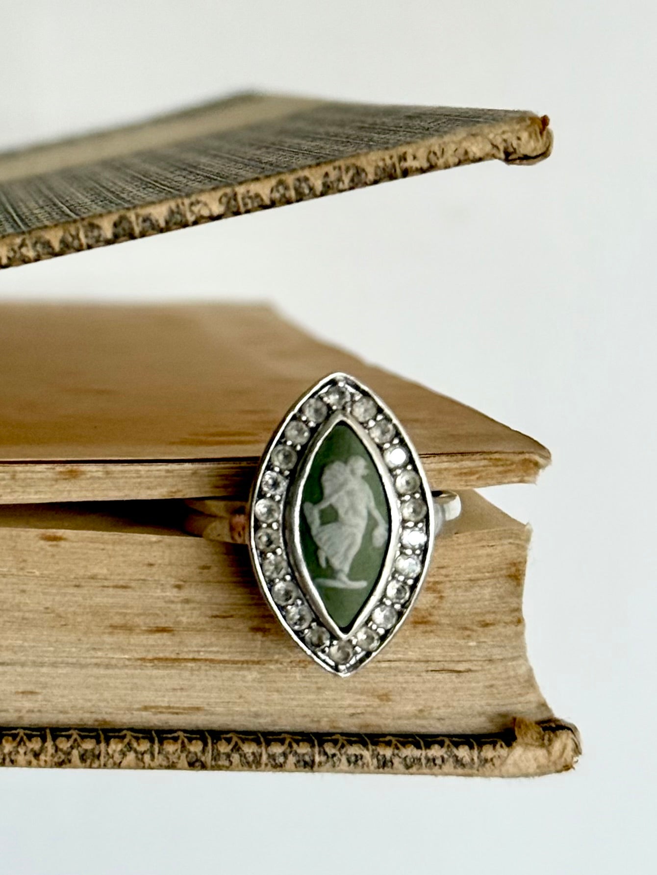 .1970s .925 dancing dame Grecian style moss green Jasperware high relief Wedgwood cameo set into modernist clear gemstone naiveté sterling silver dress ring