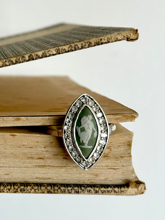 .1970s .925 dancing dame Grecian style moss green Jasperware high relief Wedgwood cameo set into modernist clear gemstone naiveté sterling silver dress ring