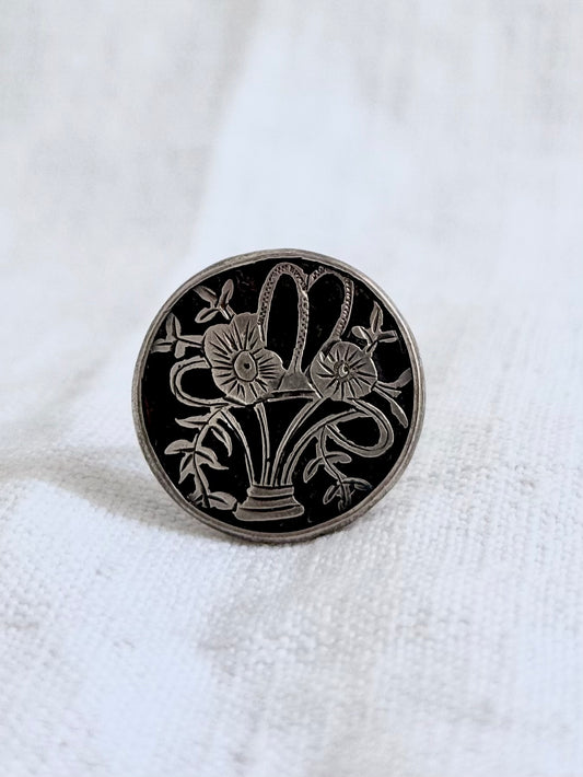 .1911s .925 antique Edwardian Victorian revival flower basket Giardinetti sweetheart button hallmark silver token brooch