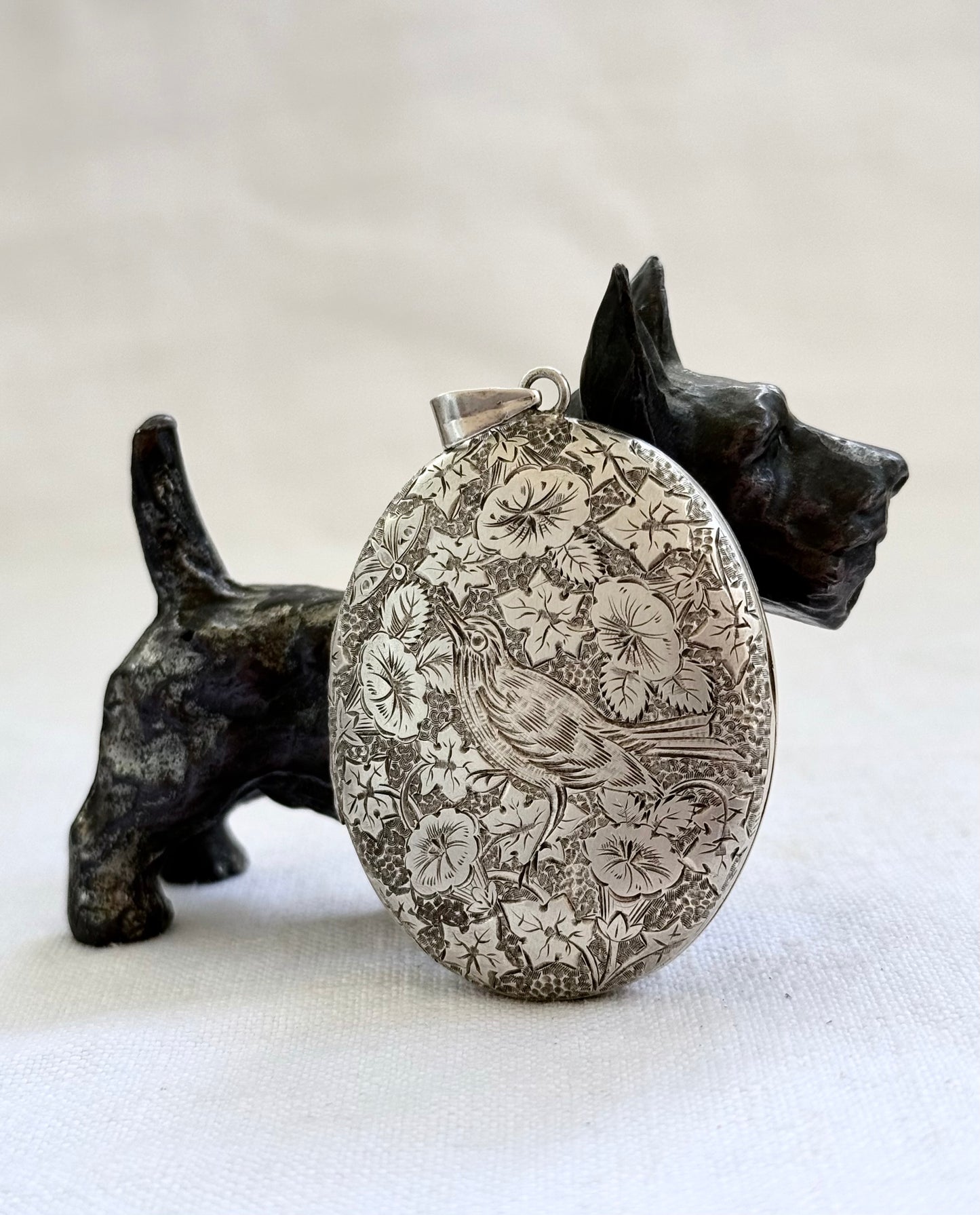 .1880s .1890s .925 large Victorian Aesthetic deep engraved Swallow and floral detailed antique French sterling silver locket