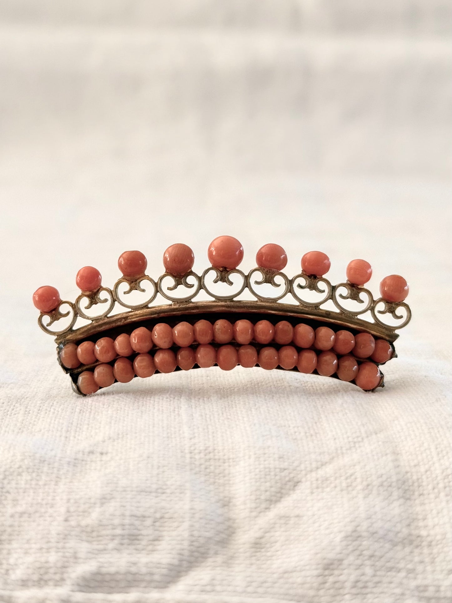 .1800s 19th century antique Salmon Coral Crown Tiara gold tone brooch pin