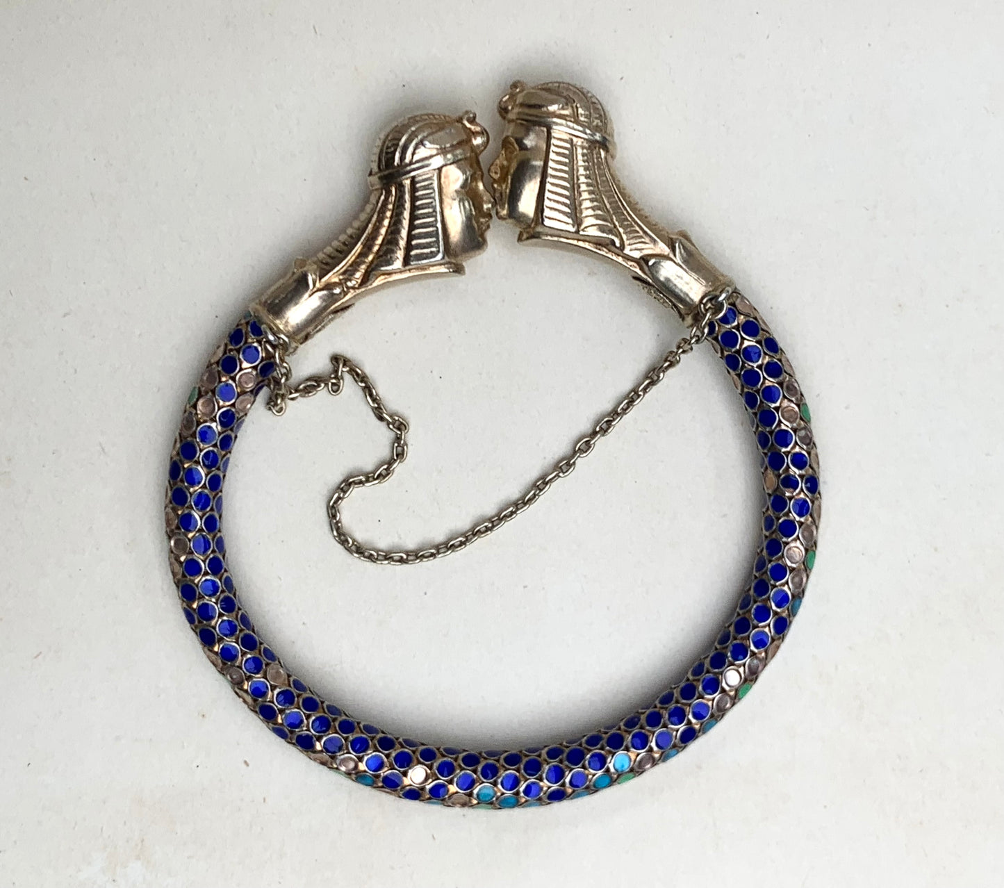 .1920s .935 antique Art Deco rare find Egyptian revival French silver enamel articulated Pharaoh figural heirloom treasure art bangle