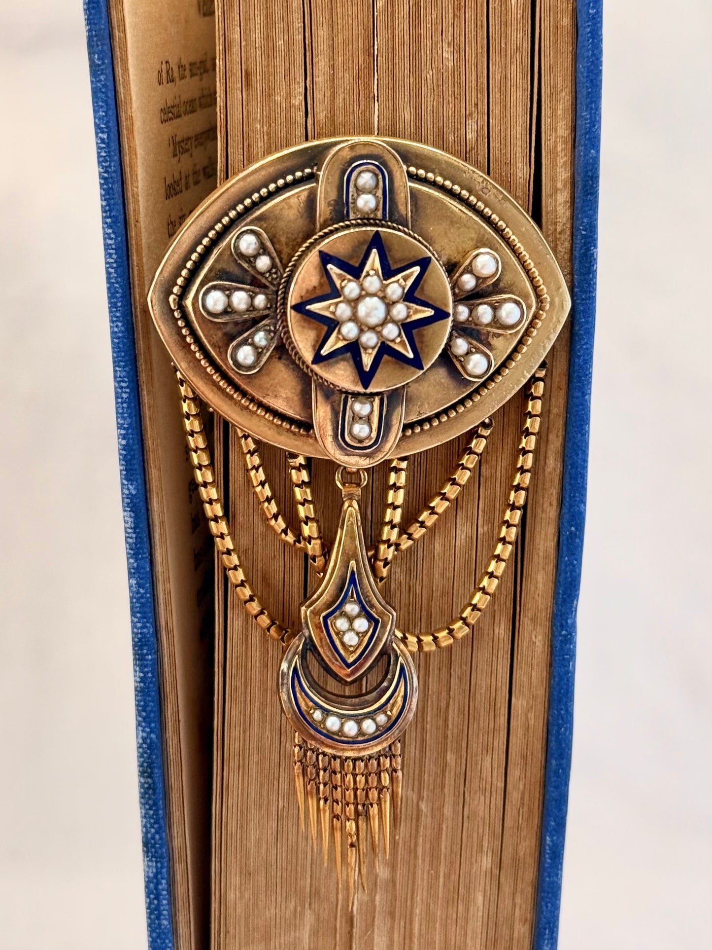 .1800s antique Etruscan revival high carat gold pearl royal blue enamel high carat gold tassel memorial Victorian rare heirloom navette shaped gold brooch